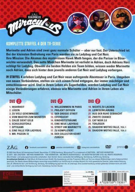 Die Rückseite einer DVD-Hülle mit Text und Bildern. Der Titel lautet 'Miraculous'.