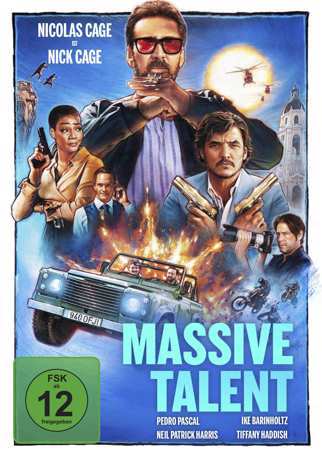 Filmposter von Massive Talent. Nicolas Cage, Pedro Pascal und andere sind mit Waffen zu sehen.