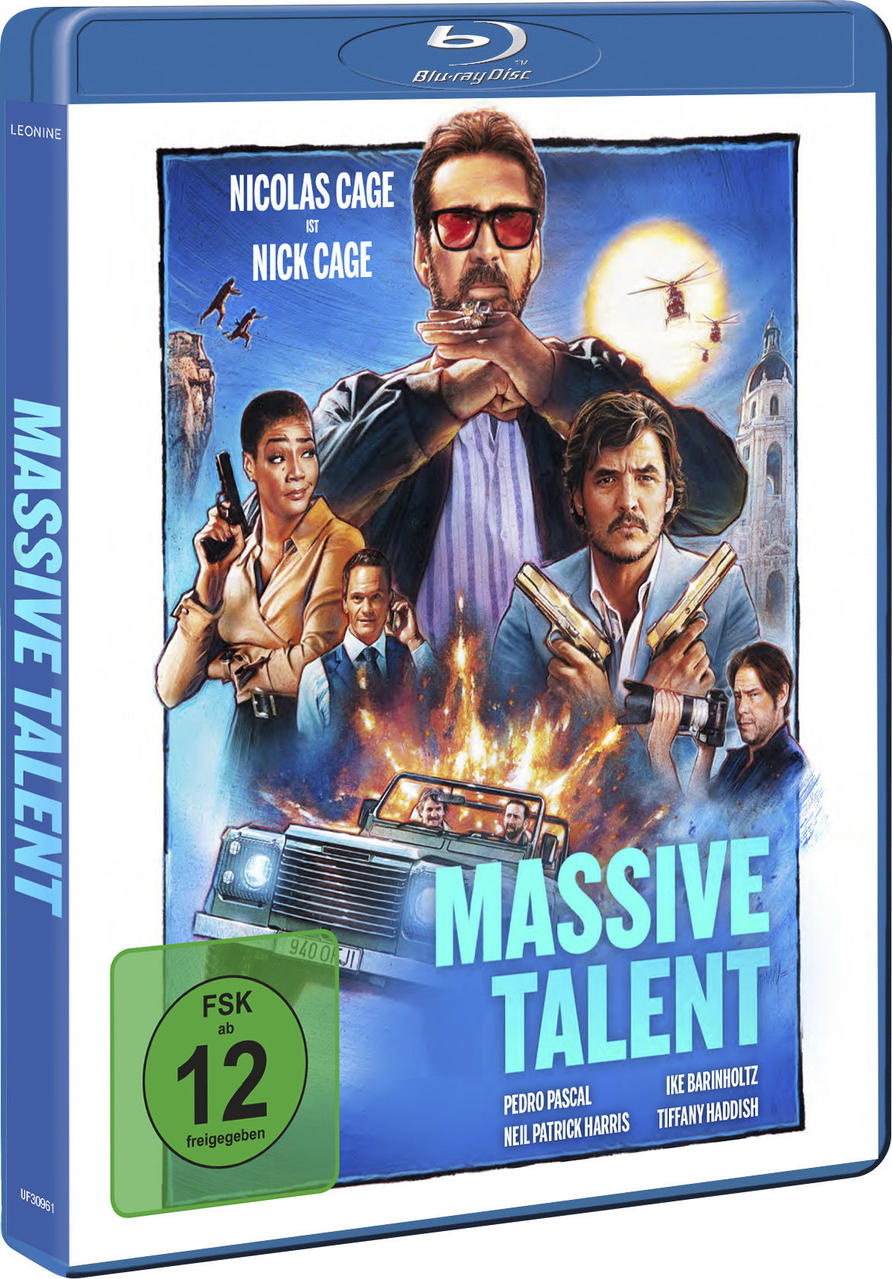Kinoposter von 'Massive Talent' mit Nicholas Cage, Waffen und einem Auto.