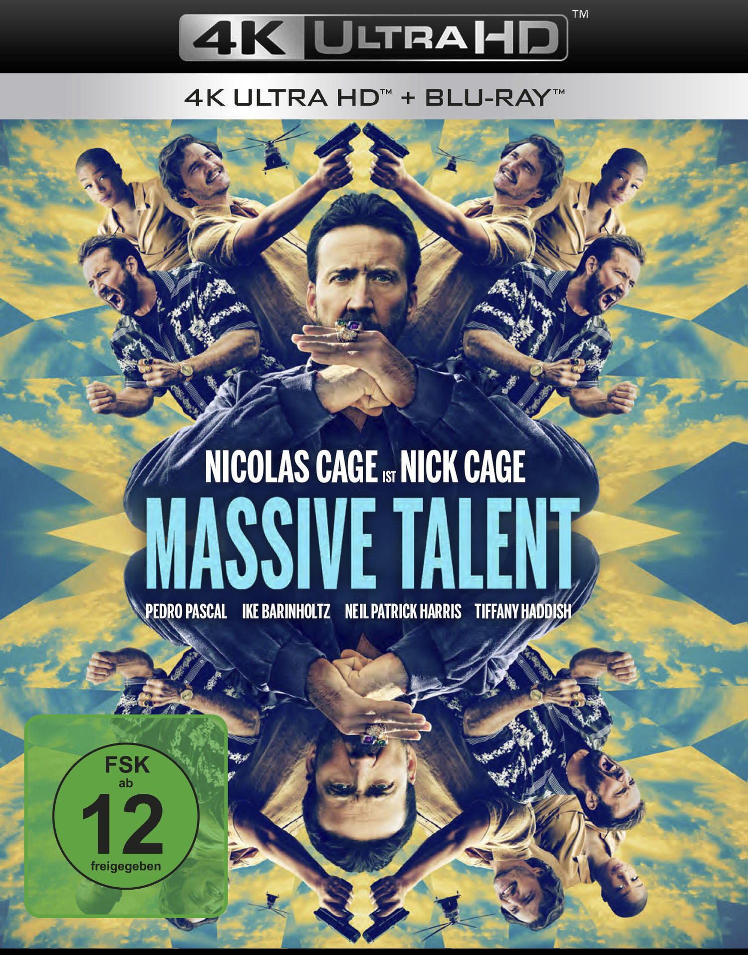 Filmplakat mit Nicolas Cage und einer Collage von Bildern. Der Filmtitel lautet "Massive Talent".