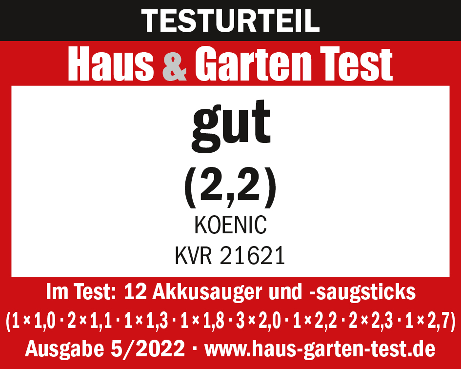 Rapporto Haus & Garten Test con un punteggio di 2,2 per l'aspirapolvere KOENIC KVR 21621.