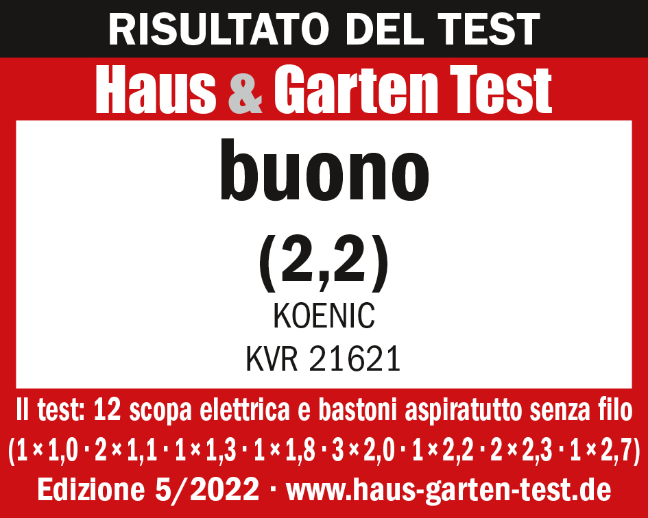 Una scheda dei risultati del test che dice 'buono' con un punteggio di 2,2 per un aspirapolvere.