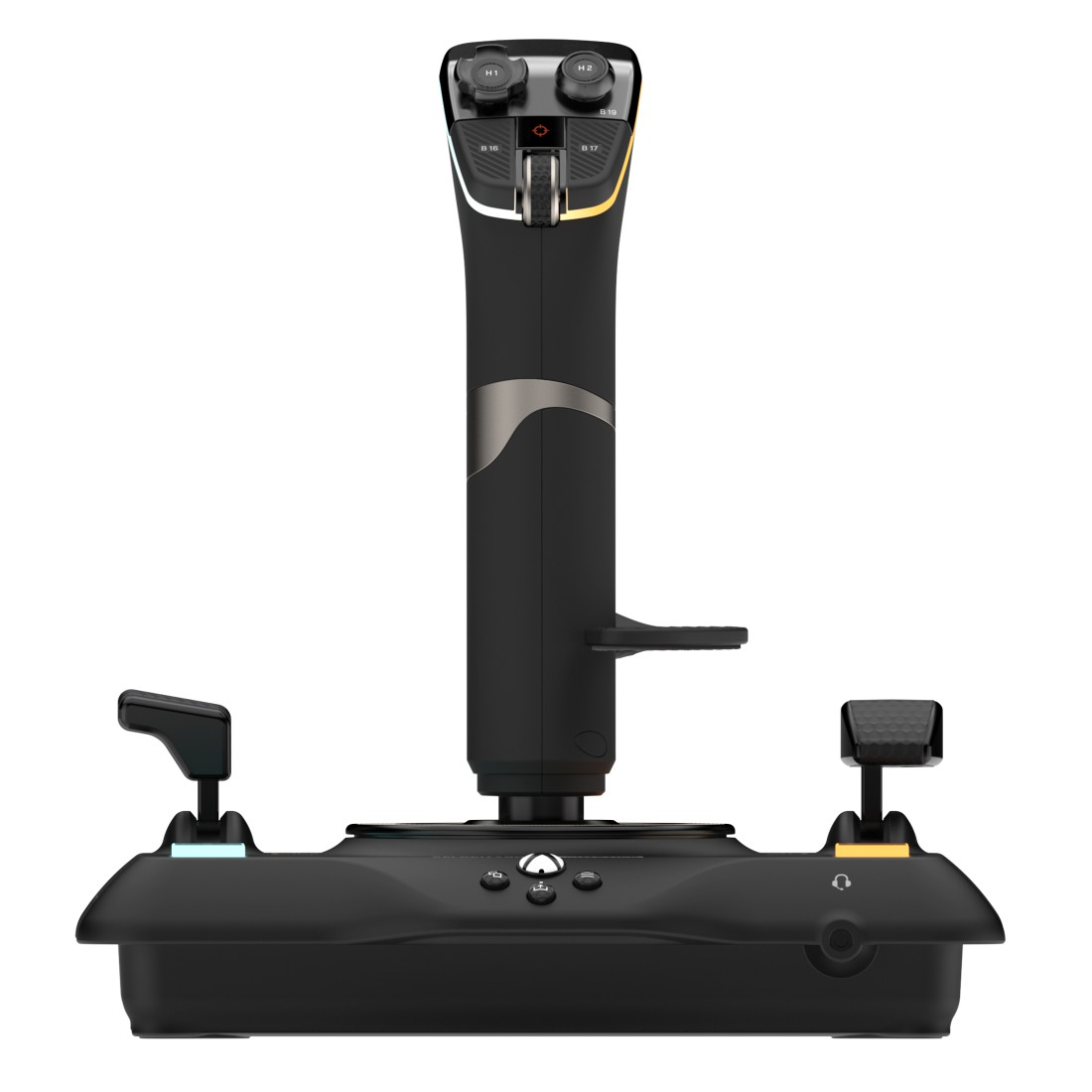 Schwarzer Gaming-Joystick mit mehreren Tasten und Basis mit zusätzlichen Bedienelementen. Weißer Hintergrund.