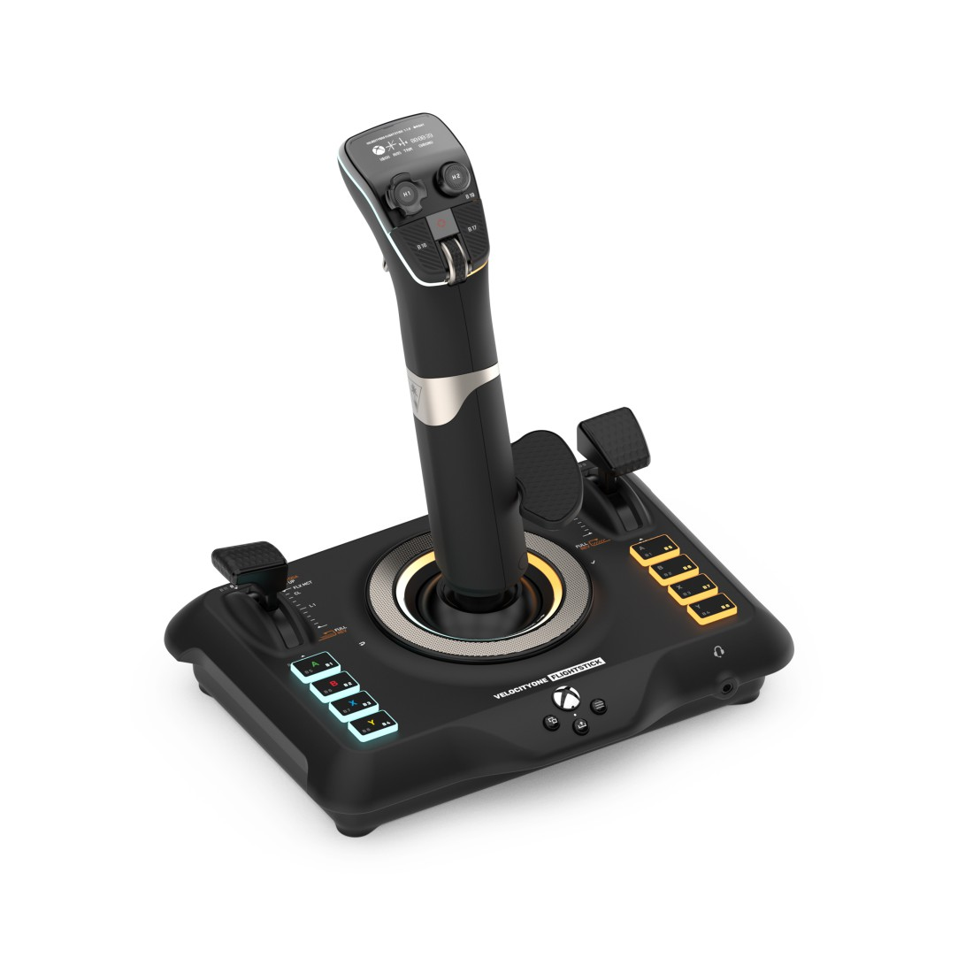 Schwarzer Flight Stick mit Knöpfen und Metallakzent vor weißem Hintergrund.