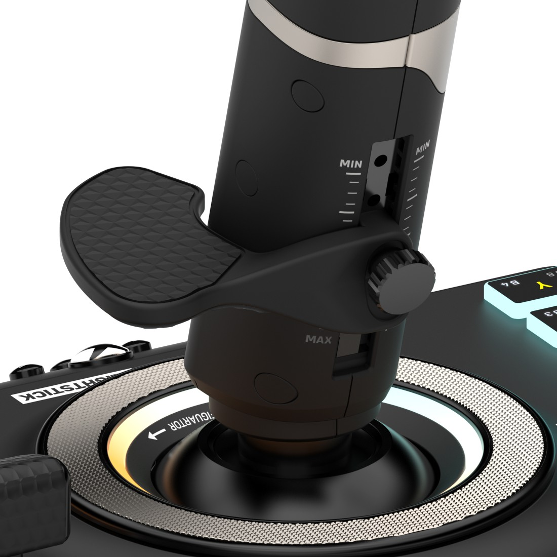 Nahaufnahme eines schwarzen Joysticks mit Knöpfen und Drehreglern auf weißem Hintergrund.