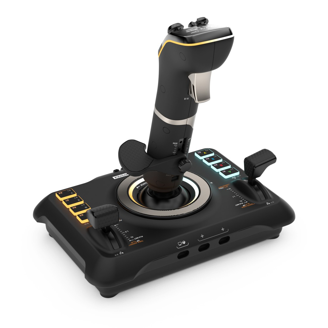 Schwarzer Gaming-Joystick, Basis mit Knöpfen und Metallgriff. Weißer Hintergrund.