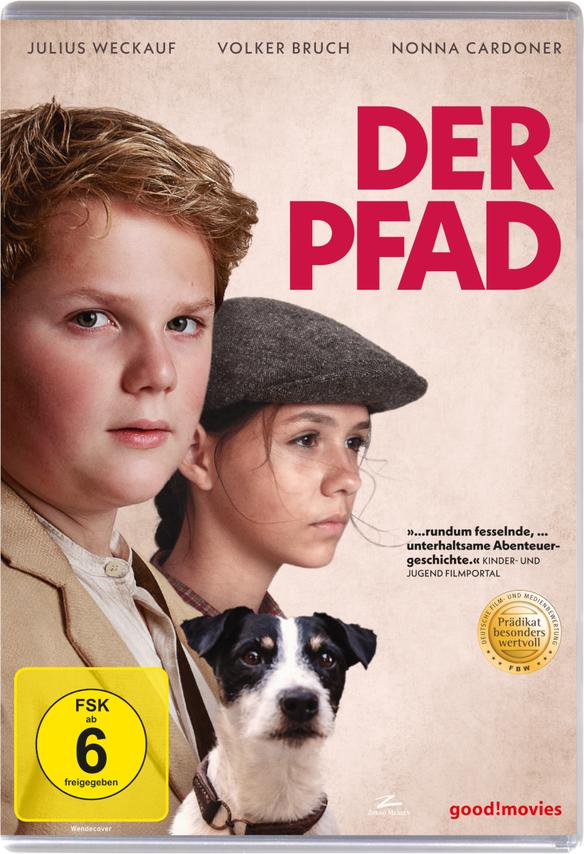 Filmcover: Zwei Kinder und ein Hund. Titel: Der Pfad. Das Cover hat ein helles, klassisches Design.