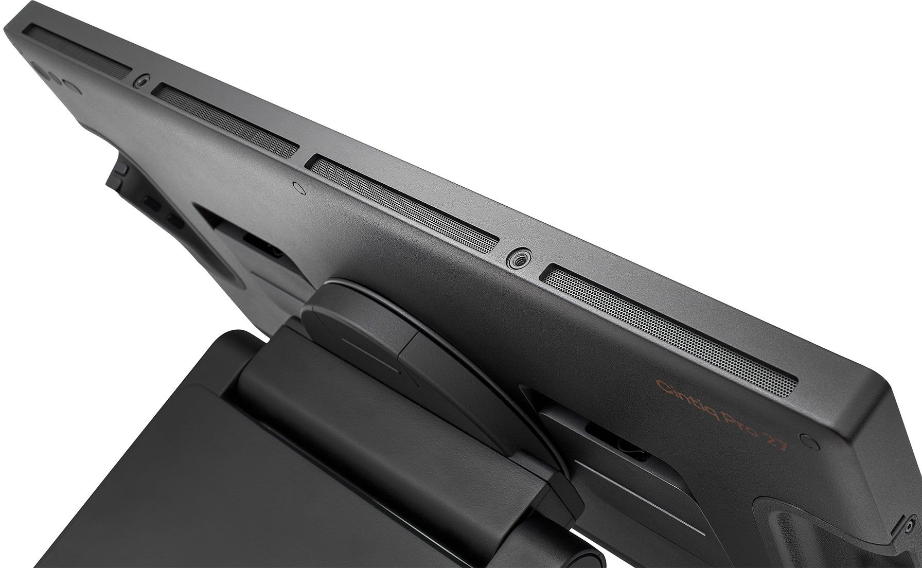 Ein schwarzer Monitor, nach oben geneigt, Seitenansicht. Der Text 'Cintiq Pro 27' ist sichtbar.