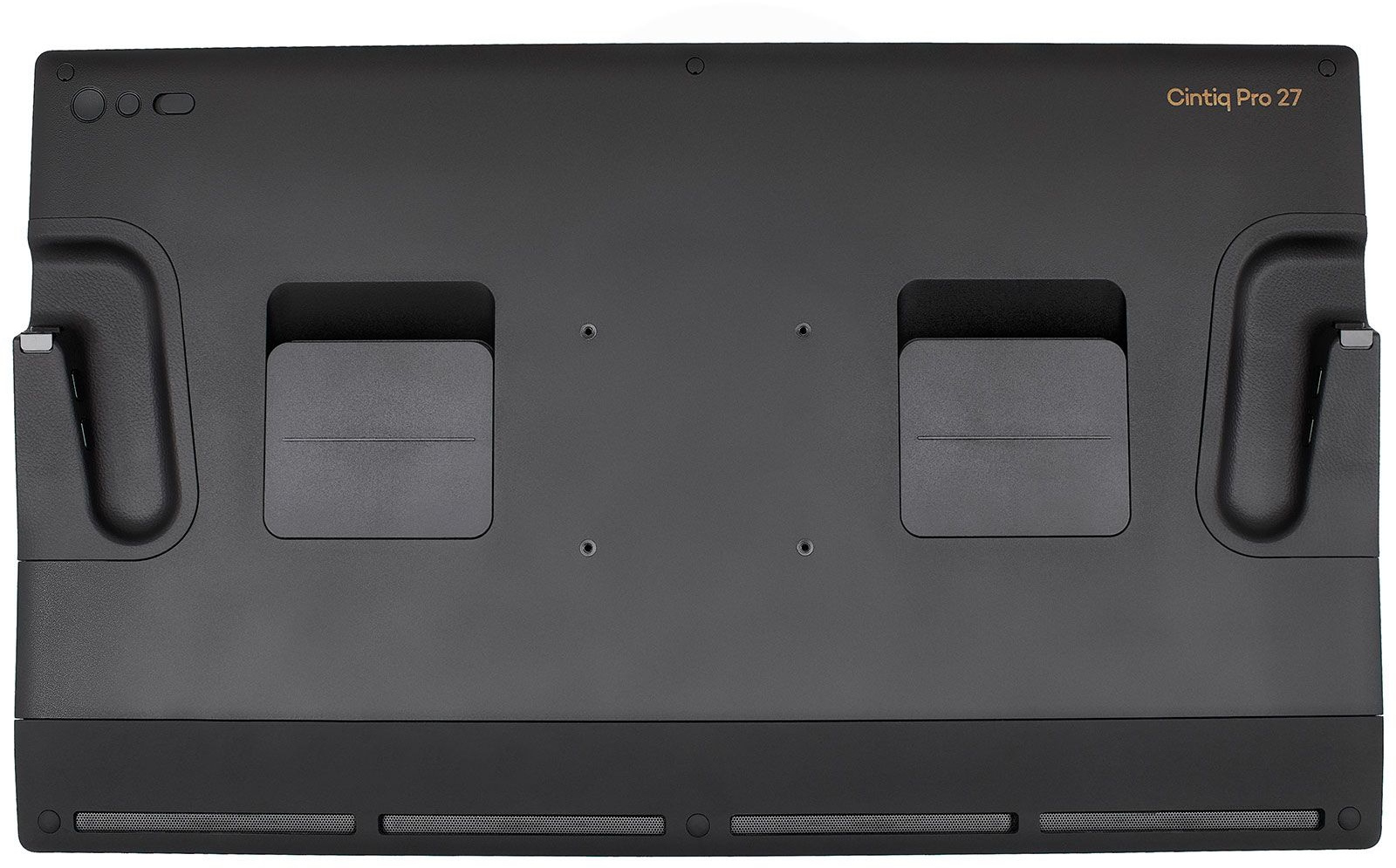 Schwarzes Wacom Cintiq Pro 27 Rückwand. Es hat zwei vertiefte Bereiche mit dem Produktnamen.