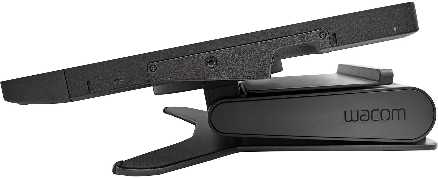Ein schwarzes Wacom-Tablet mit Ständer, von der Seite betrachtet, das den Bildschirm und den Ständer zeigt.