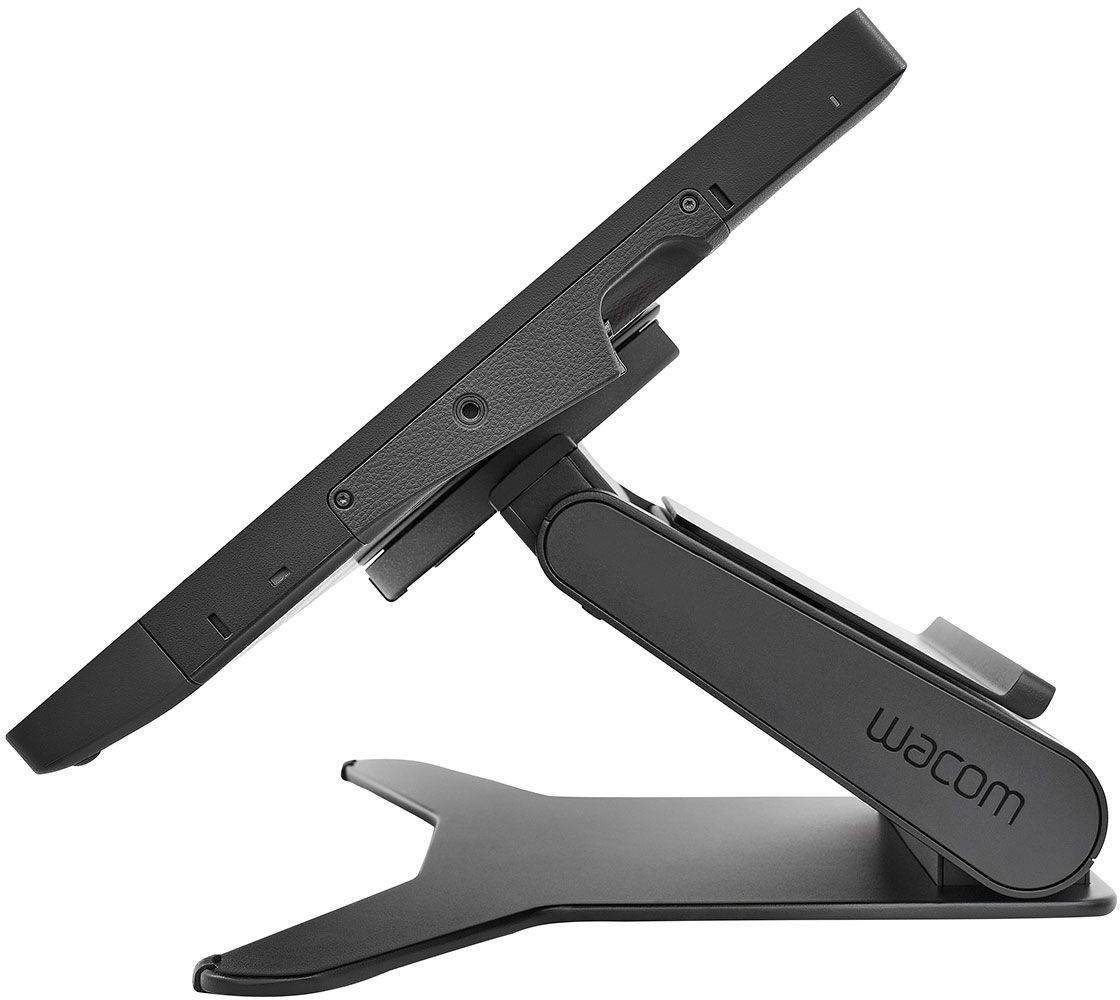 Ein schwarzes Tablet auf einem Ständer, Seitenansicht, mit der Marke 'Wacom'.