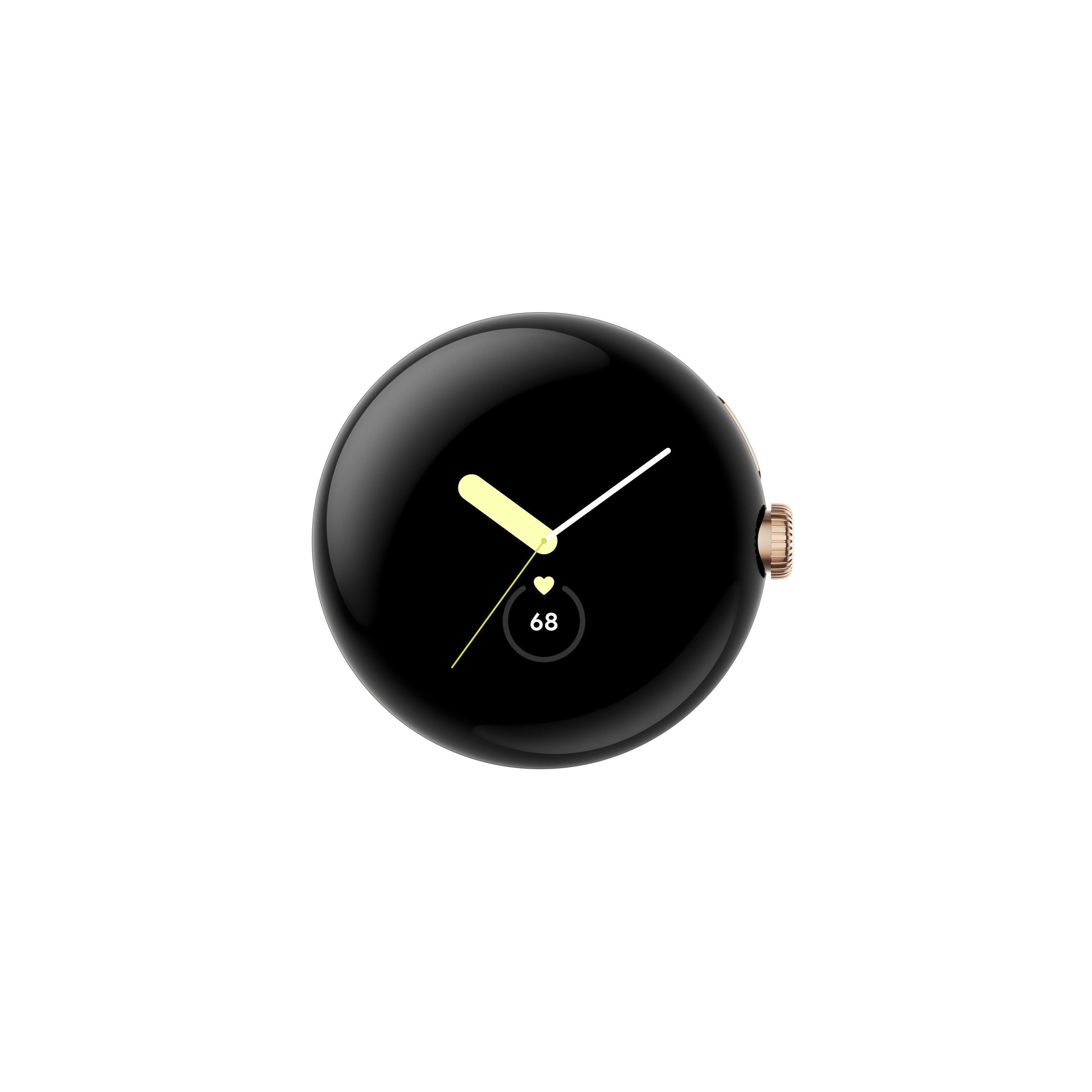 Schwarze und goldene Smartwatch mit schwarzem Display, zeigt Zeit und Herzfrequenz, Draufsicht.