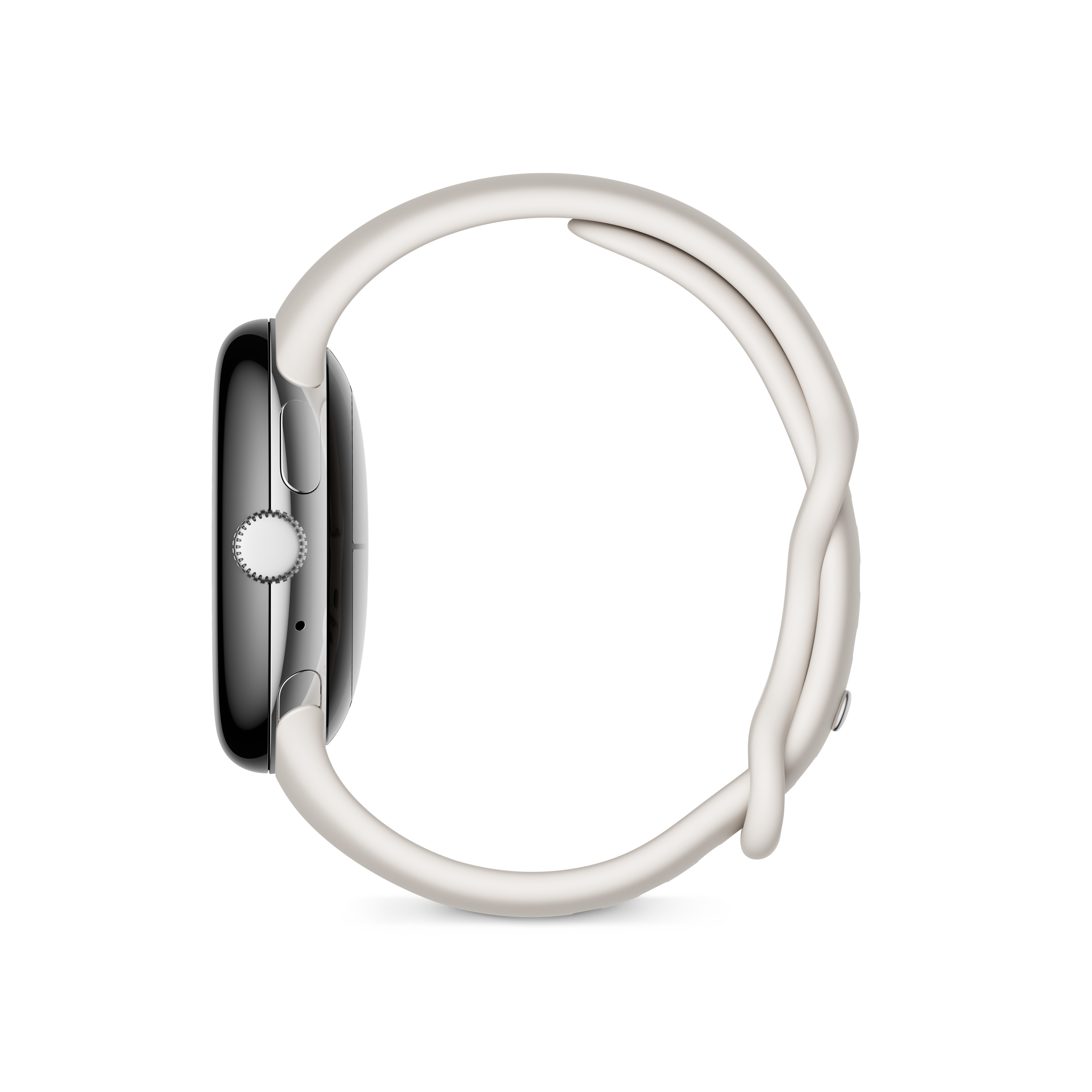 Weiße Smartwatch mit weißem Armband, von der Seite gesehen.
