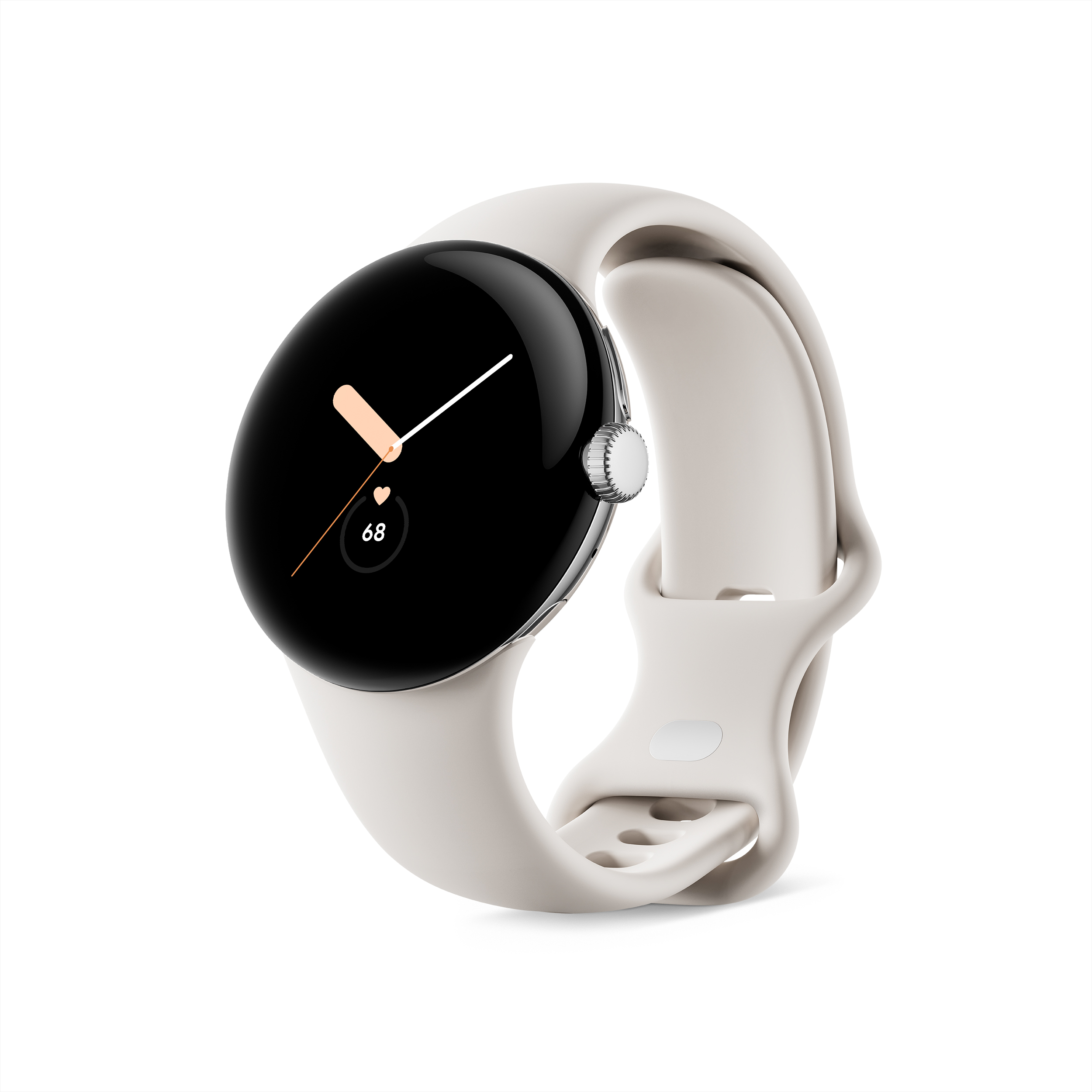 Eine weiße Pixel Watch mit einem weißen Armband. Die Zeit ist 68. Die Uhr ist rund.