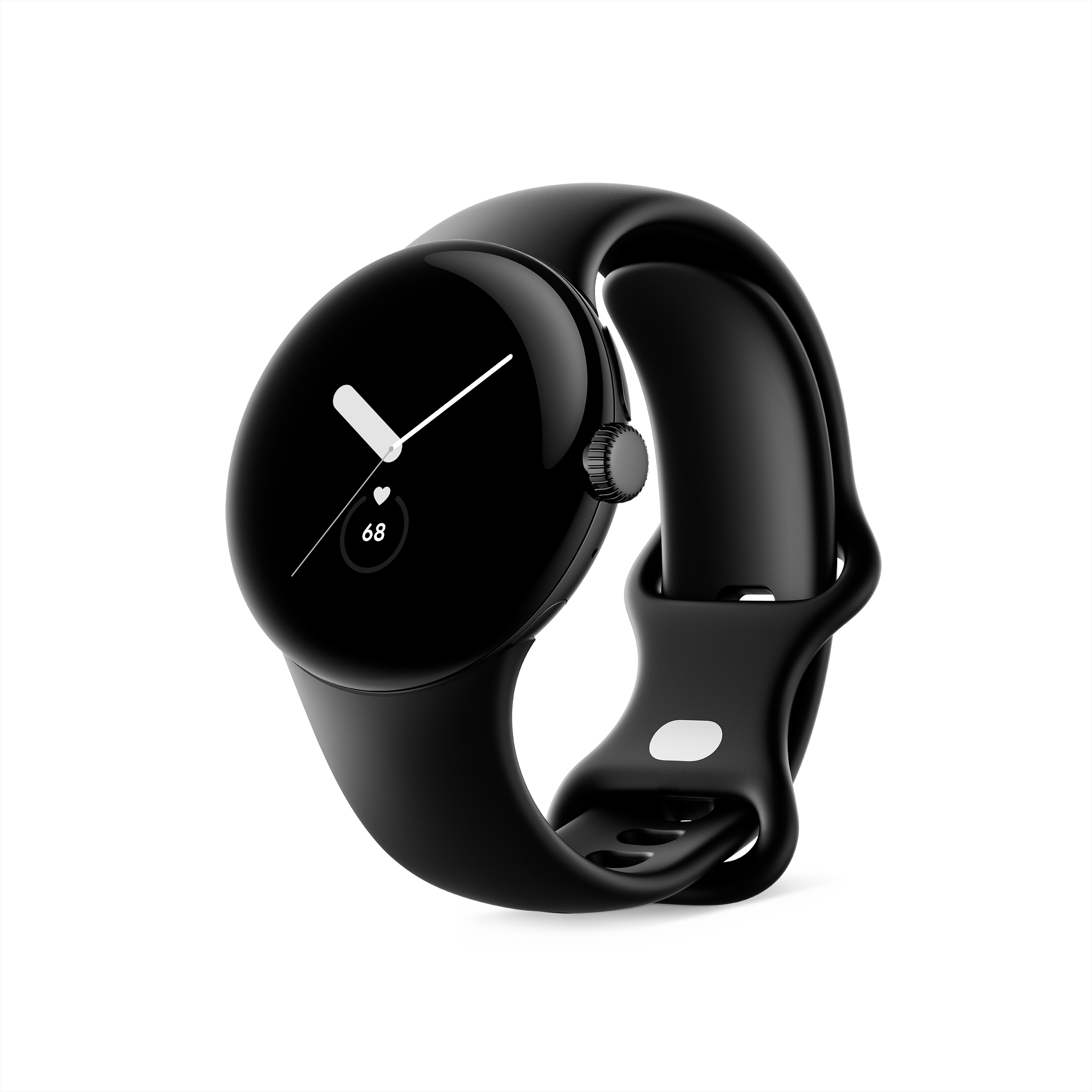 Eine schwarze Smartwatch mit rundem Zifferblatt, das Zeit und Daten anzeigt, mit schwarzem Armband.