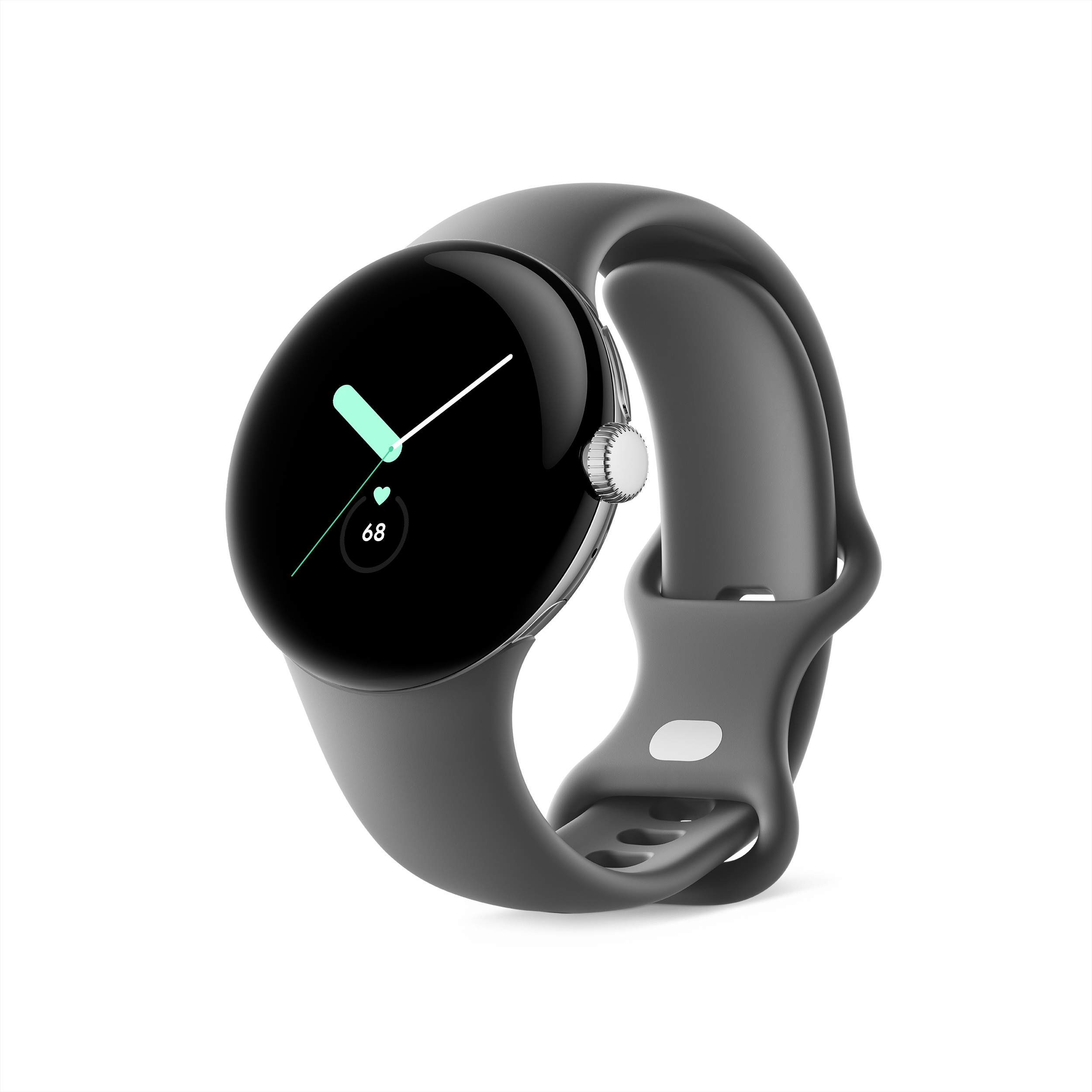 Smartwatch mit rundem, schwarzem Bildschirm, zeigt Zeitanzeige. Graues Armband.