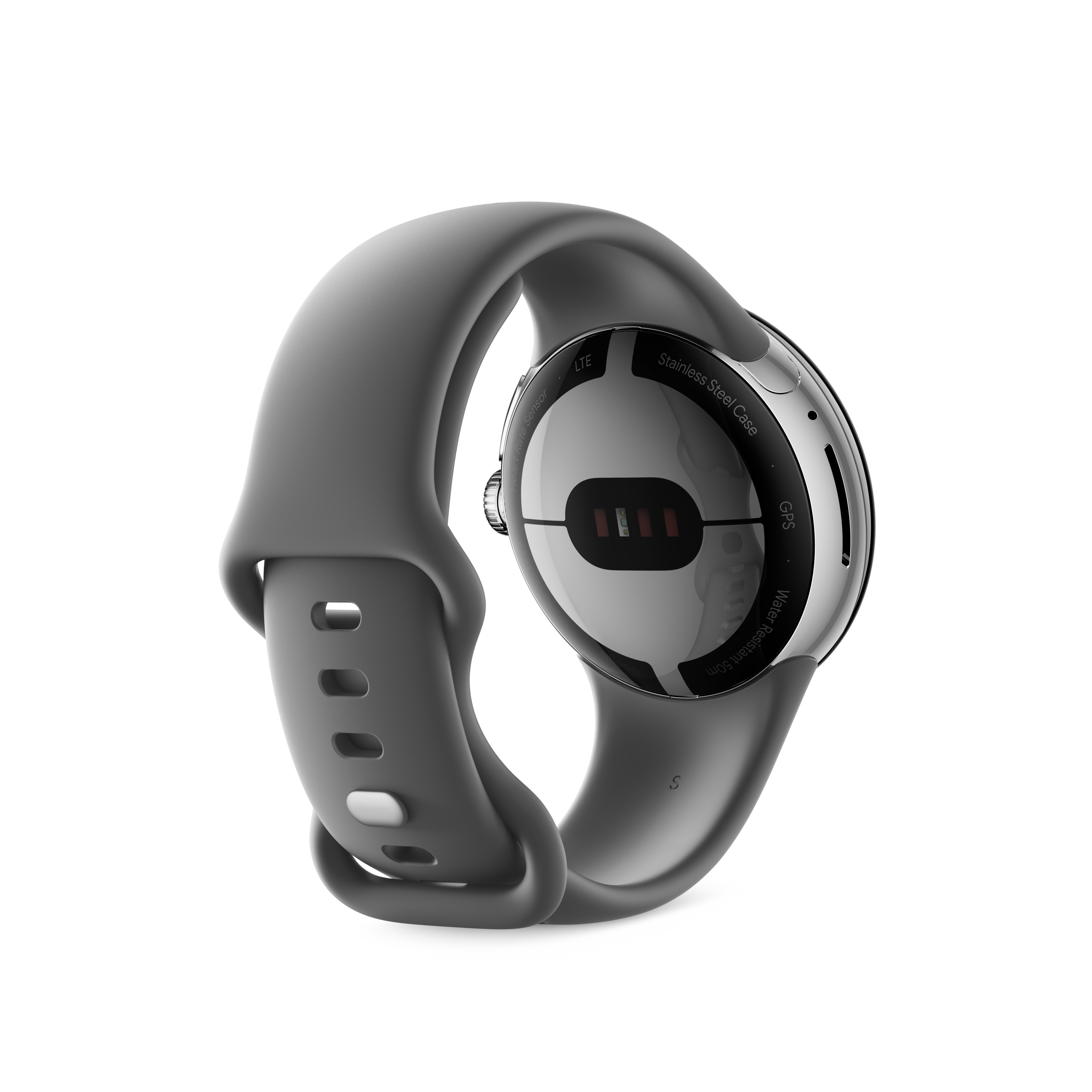 Smartwatch mit grauem Armband. Die Rückseite zeigt Sensoren und ein Stahlgehäuse.