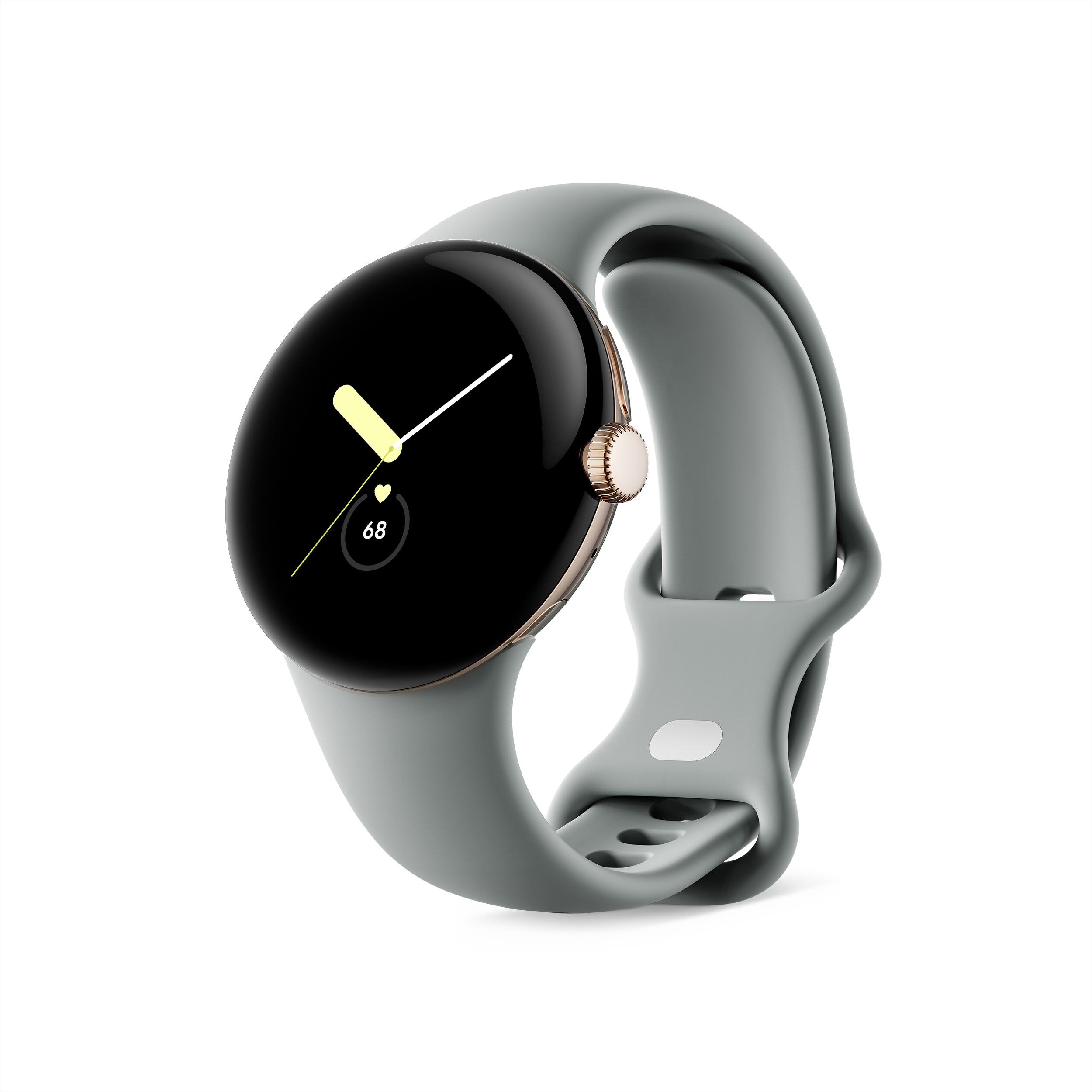 Graue Smartwatch mit rundem Zifferblatt und grauem Armband, vor weißem Hintergrund.