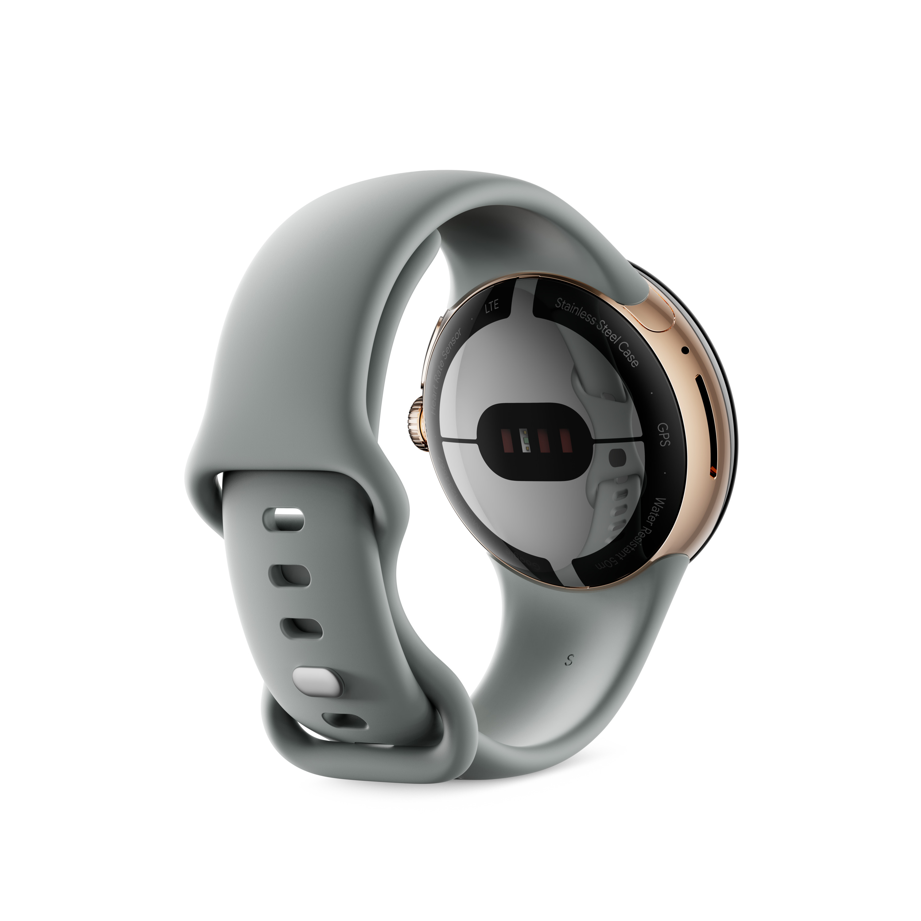 Eine graue Smartwatch mit goldenem Ring um das Zifferblatt. Die Rückseite zeigt Sensoren. Ein graues Armband ist befestigt.