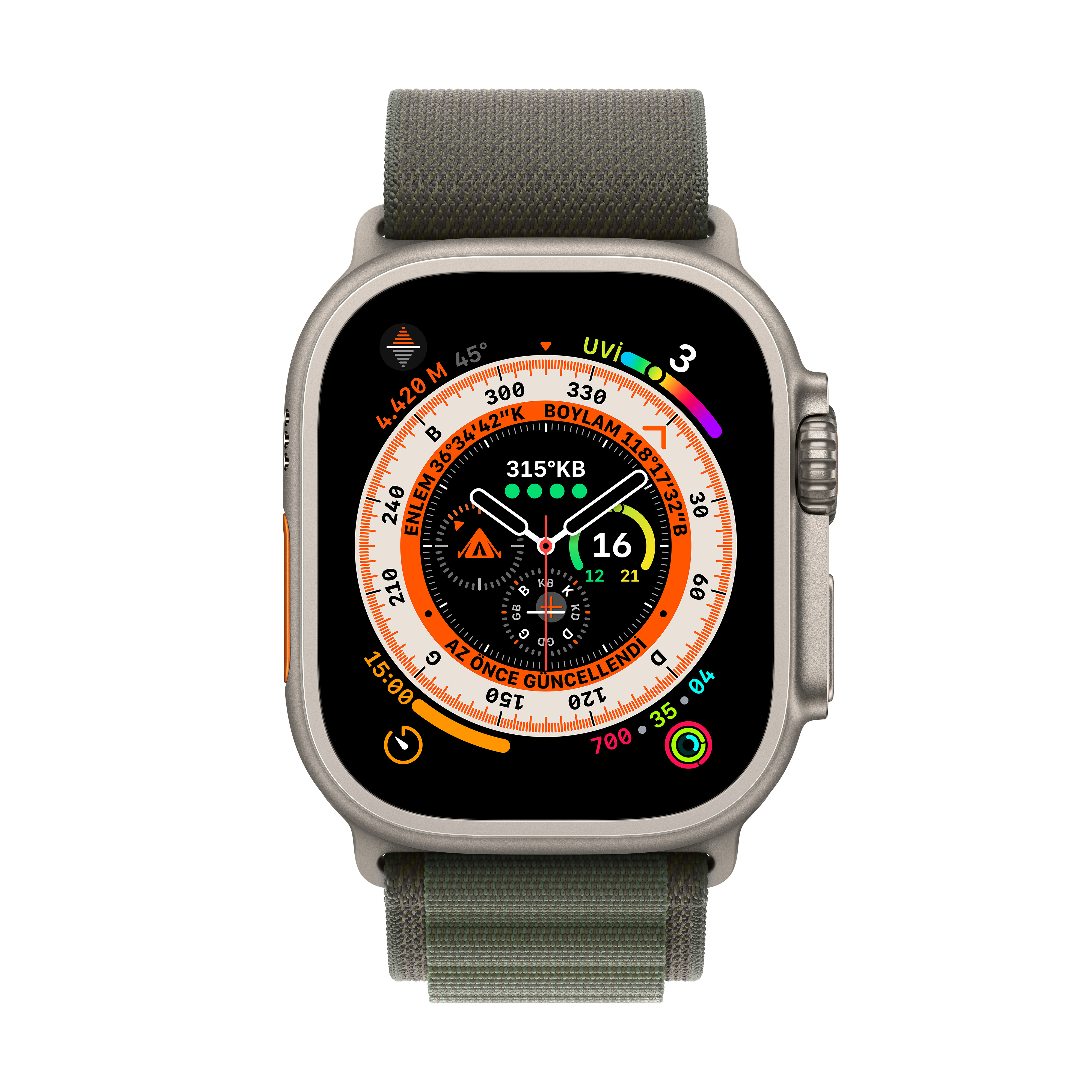 APPLE Watch Ultra GPS + Cellular 49 mm MNHJ3TU/A Titanyum Kasa ve Yeşil Alpine Loop - S