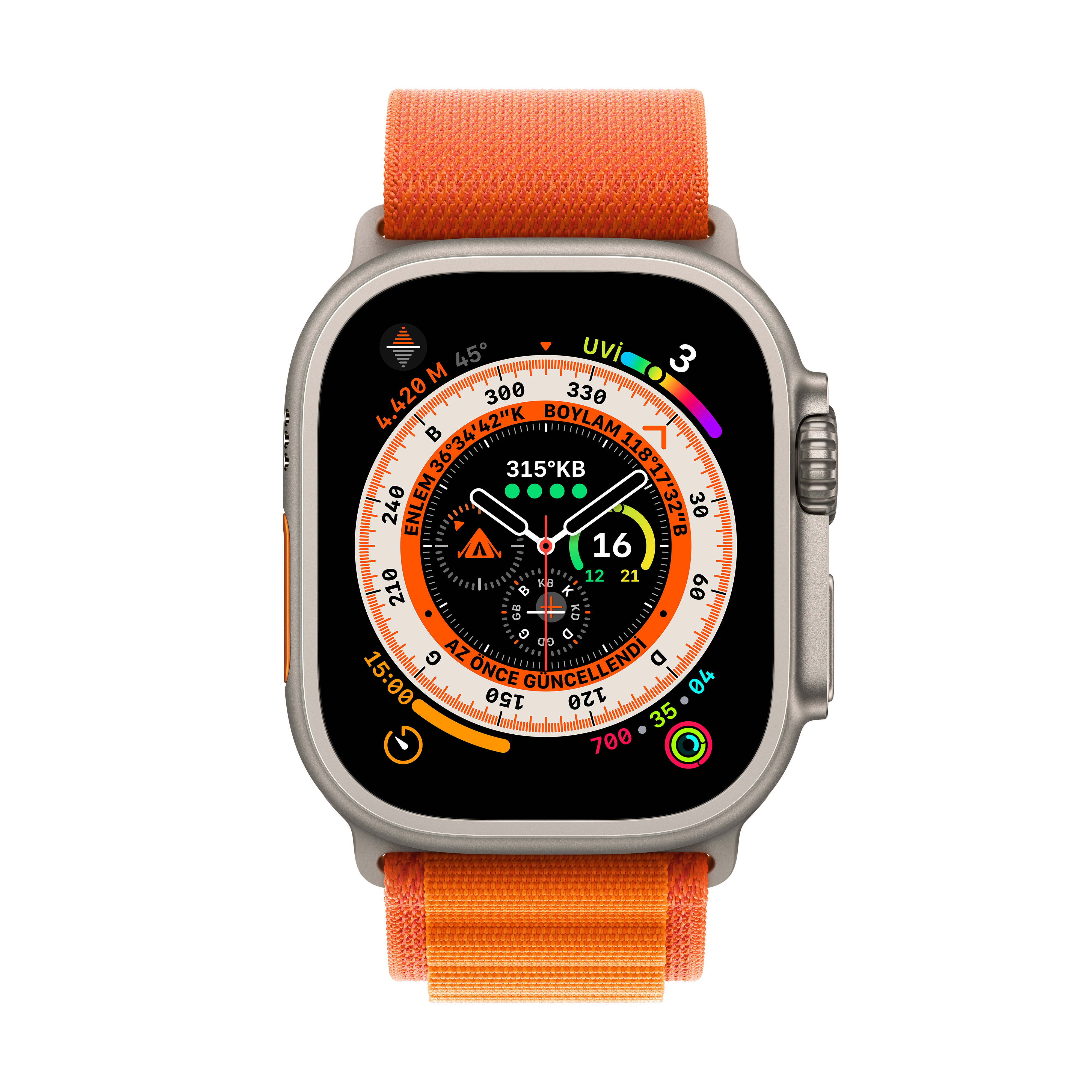 APPLE Watch Ultra GPS + Cellular 49 mm MQFL3TU/A Titanyum Kasa ve Turuncu Alpine Loop - M