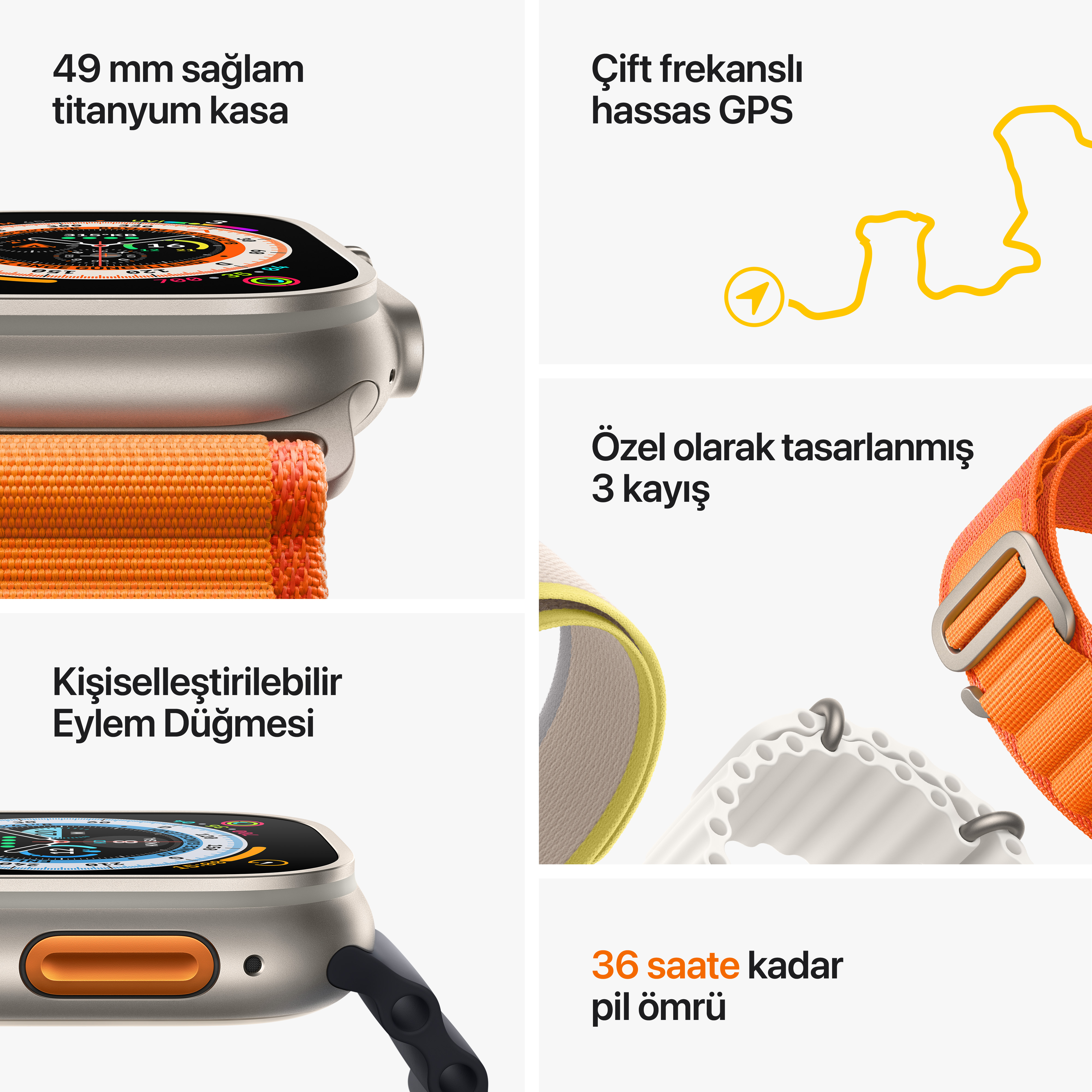 APPLE Watch Ultra GPS + Cellular 49 mm MQFL3TU/A Titanyum Kasa ve Turuncu Alpine Loop - M