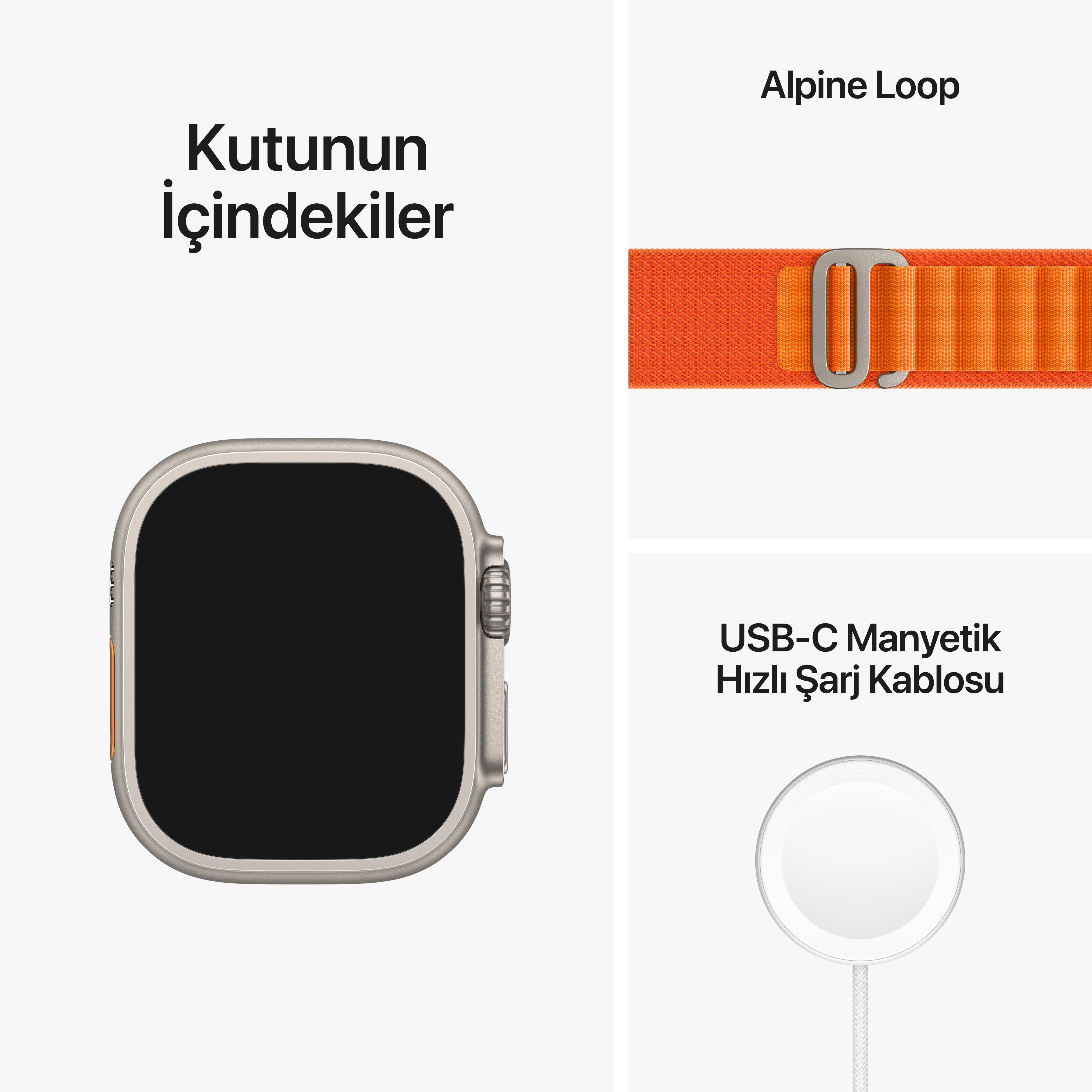 APPLE Watch Ultra GPS + Cellular 49 mm MQFL3TU/A Titanyum Kasa ve Turuncu Alpine Loop - M