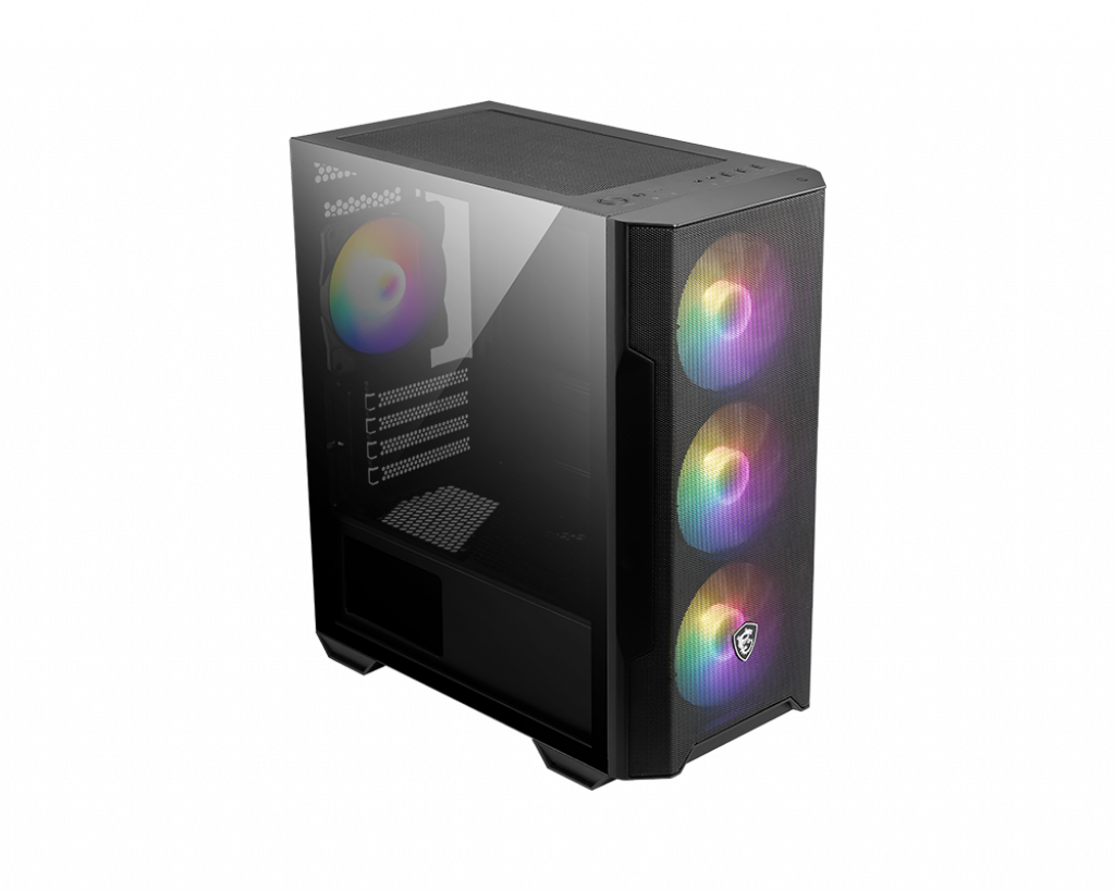 Cam yan panelli siyah bilgisayar kasası. İçinde RGB fanlar. MSI logosu.