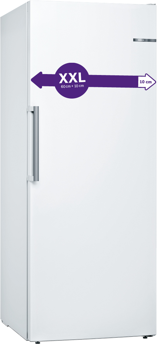 White XXL refrigerator with purple arrow and text.