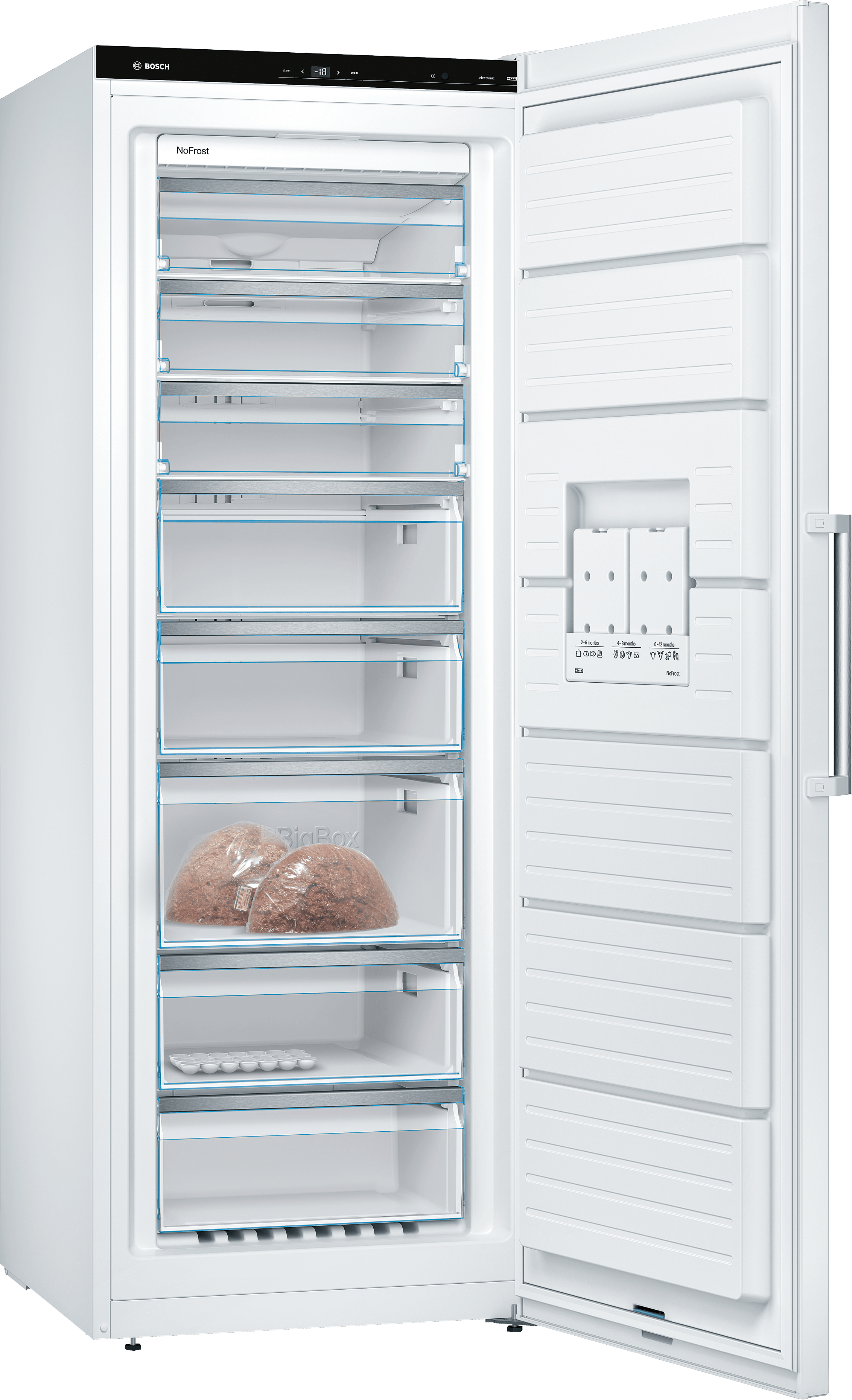 White Bosch freezer with open door. Shelves and drawers are visible inside, with food.
