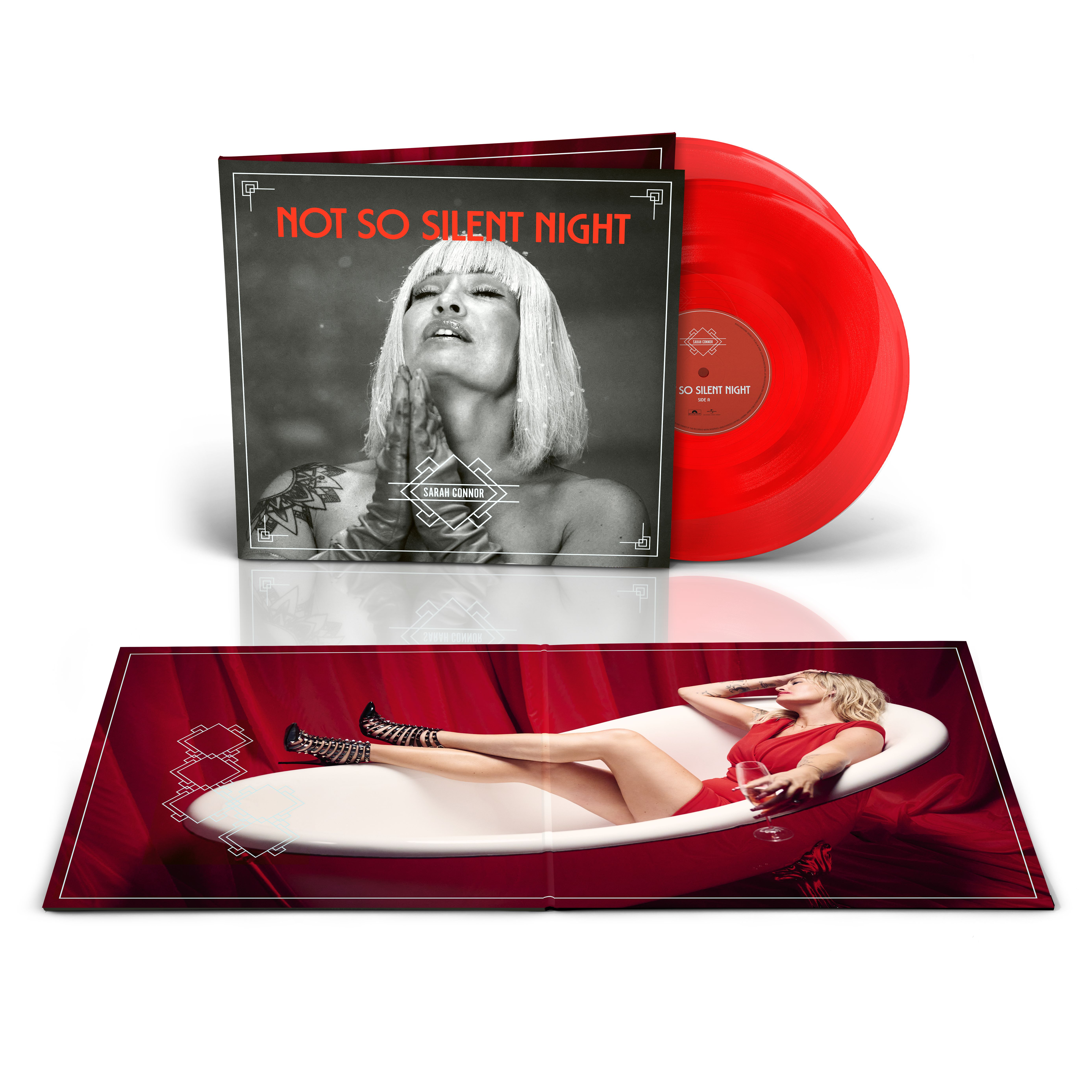 Vinylalbum mit einer Frau auf dem Cover und einer roten Schallplatte.