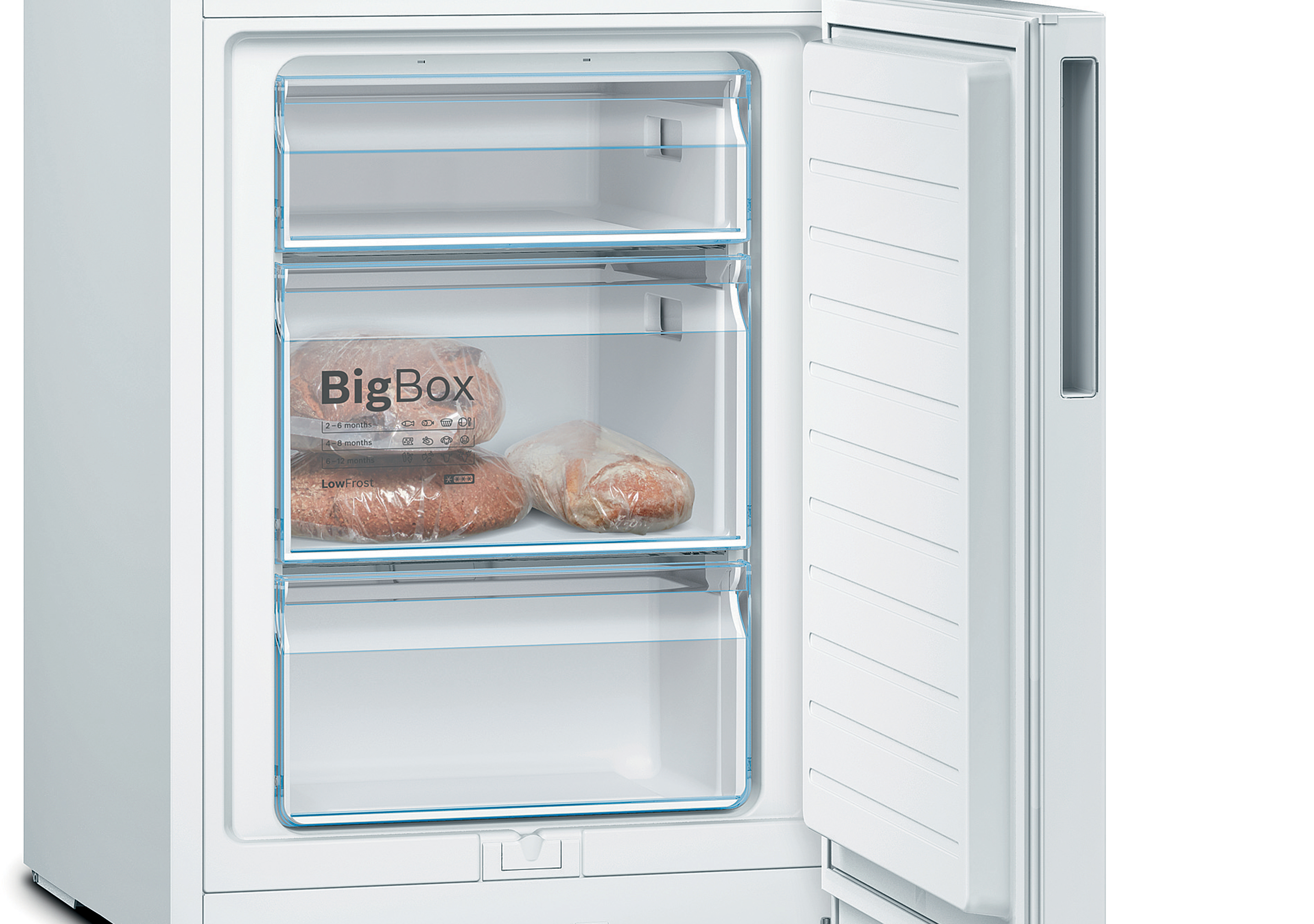 White refrigerator with open door, showing three drawers with frozen food.