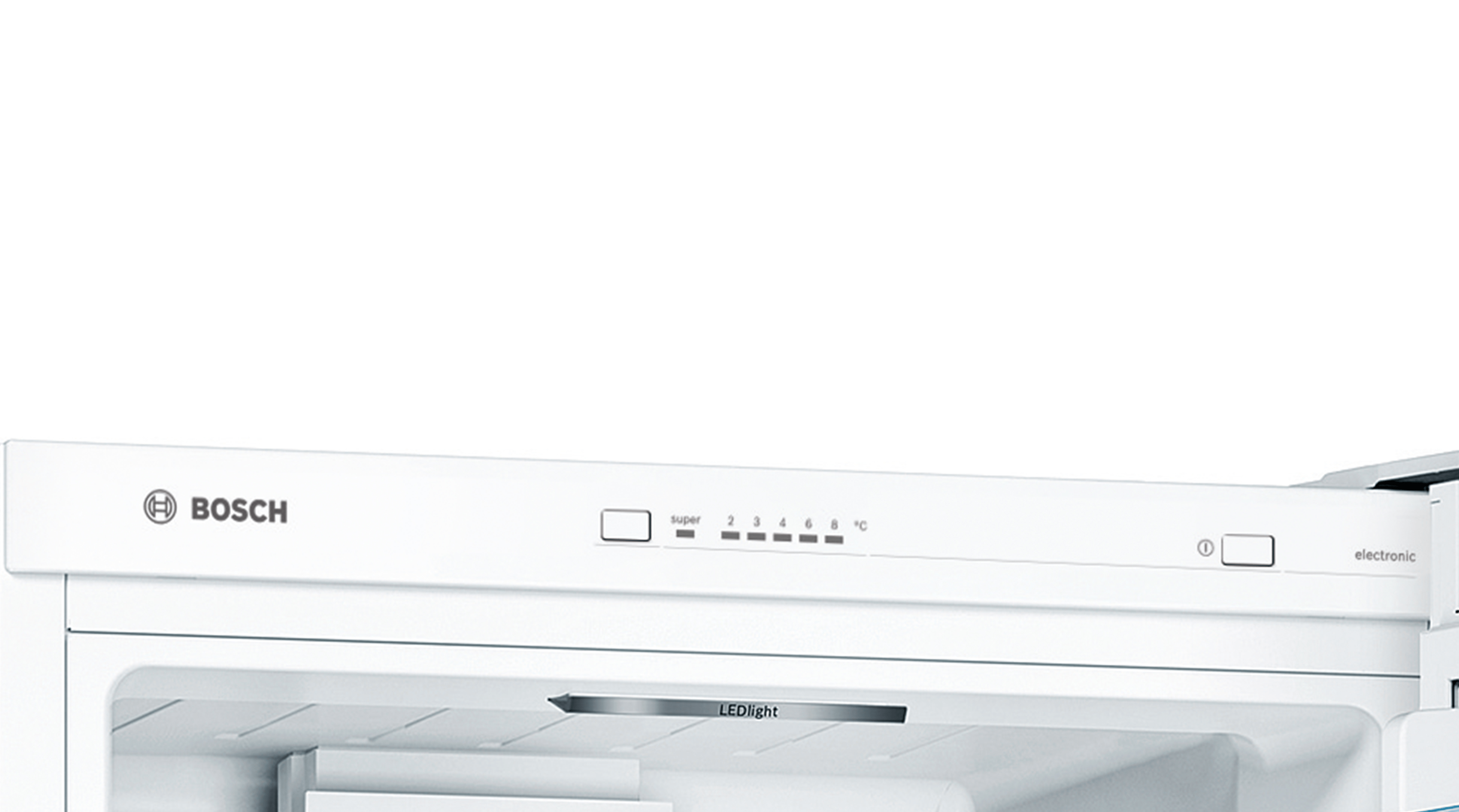 Close-up of a white fridge interior with LED light and control panel.