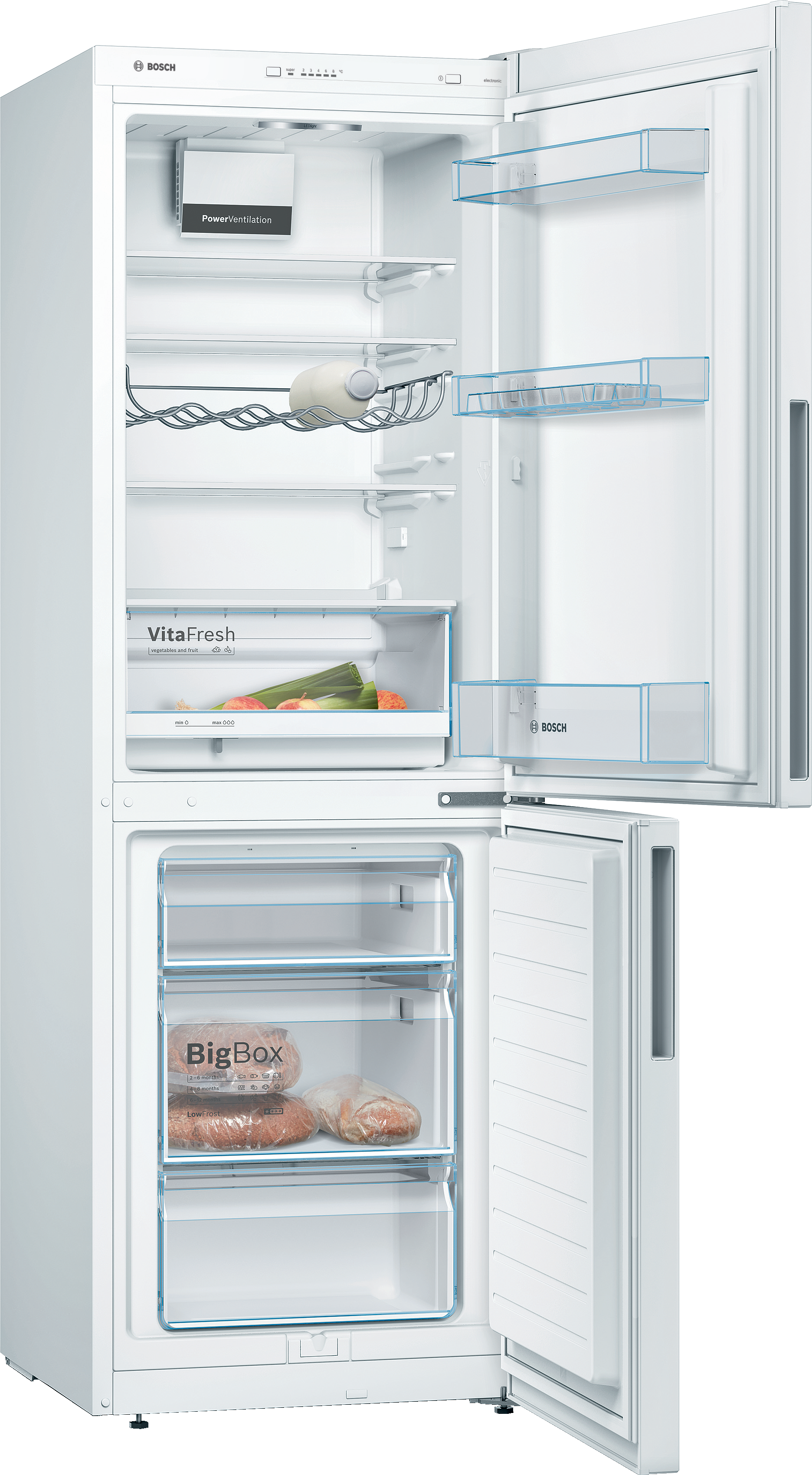 Opened white refrigerator with shelves and compartments, showing food items.