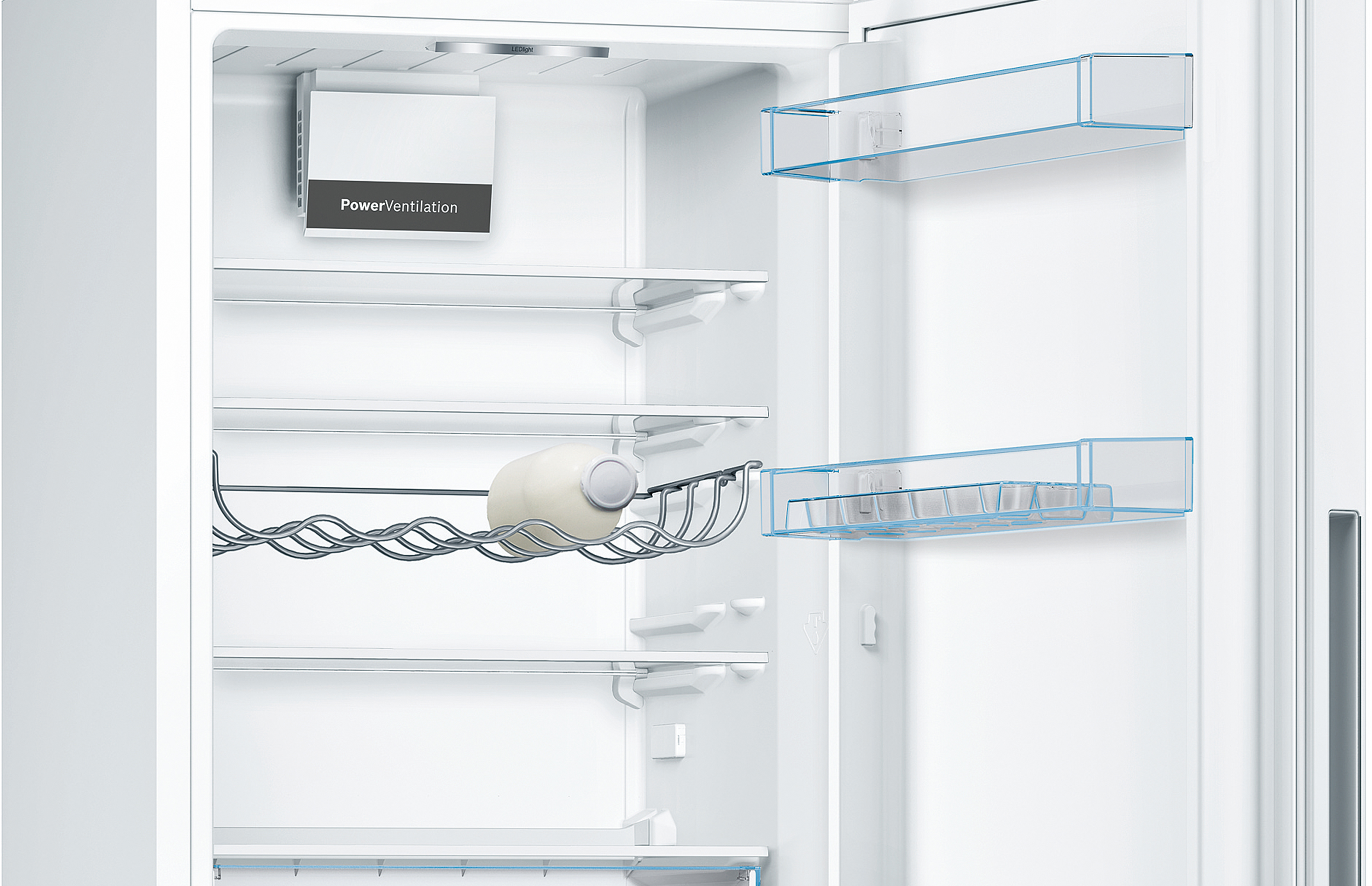 Open refrigerator. Shelves with a wine bottle on the bottom.