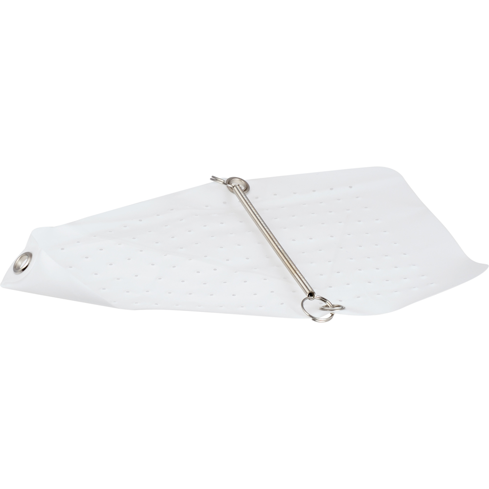 Almohada ortopédica blanca con un resorte y accesorios metálicos.