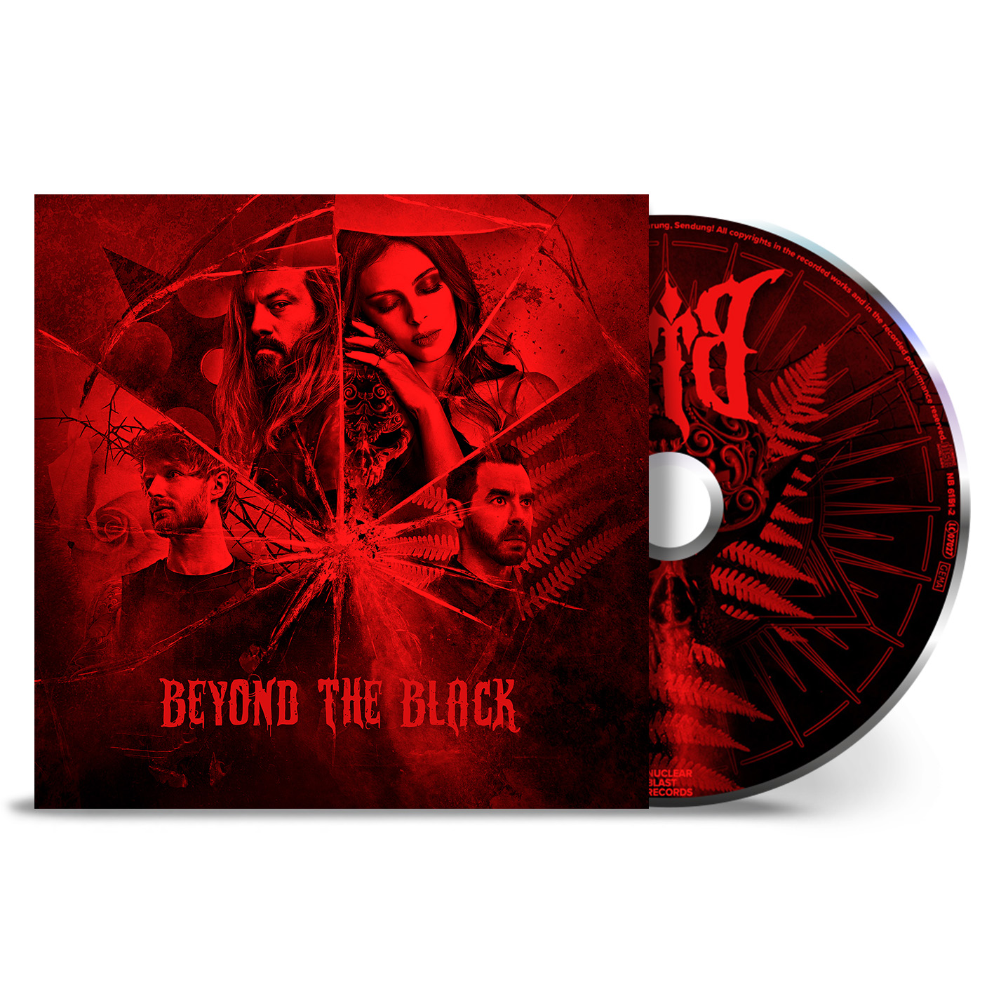 CD-Cover mit Bandmitgliedern, Glassplittereffekt und Text 'BEYOND THE BLACK'.