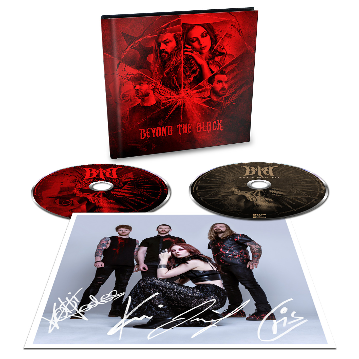 Musikalbum-Set: Buch, CDs und ein signiertes Foto der Band Beyond The Black.