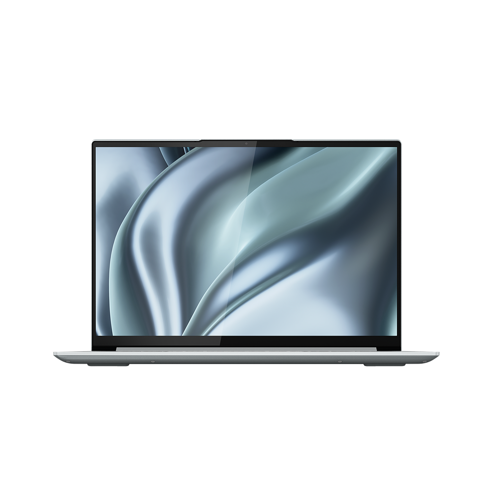 Laptop con pantalla con diseño plateado abstracto, sobre fondo negro.
