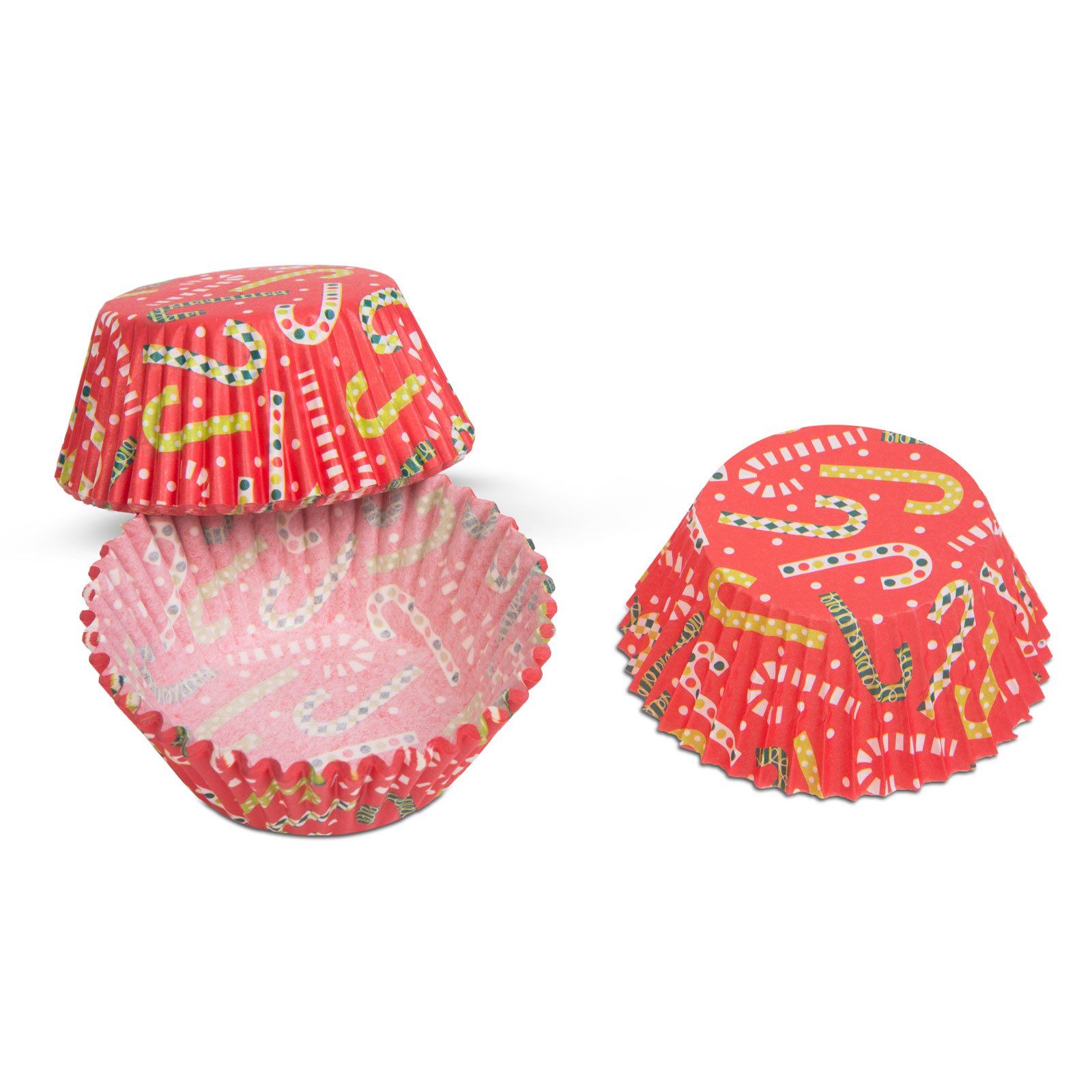 Három piros karácsonyi témájú muffin kapszli, kettő egymásra rakva, cukorpálca mintákkal.