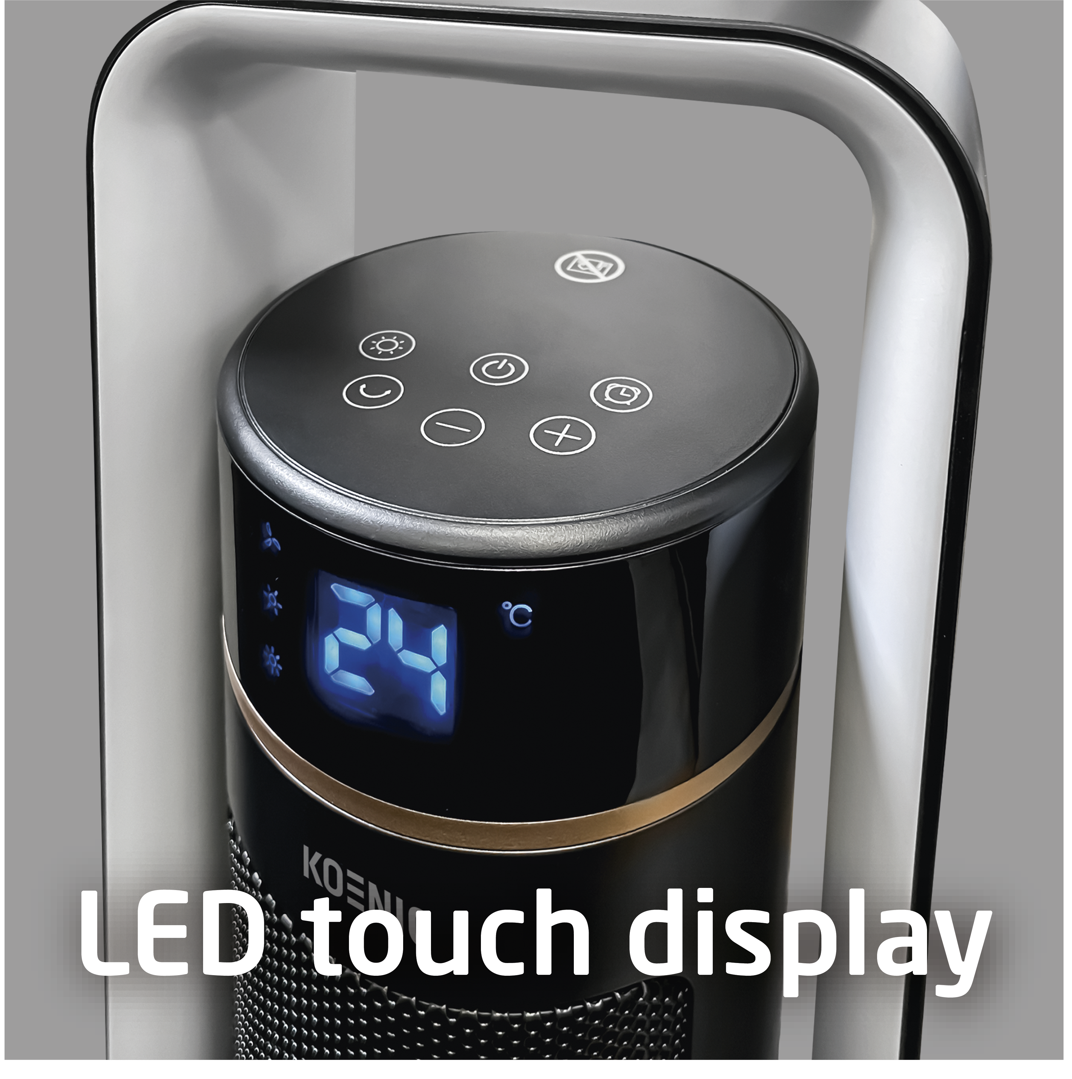 Schwarzer Turmventilator mit LED-Touch-Display, das 24 zeigt. Grauer Hintergrund, weißer Rahmen. LED-Touch-Display.