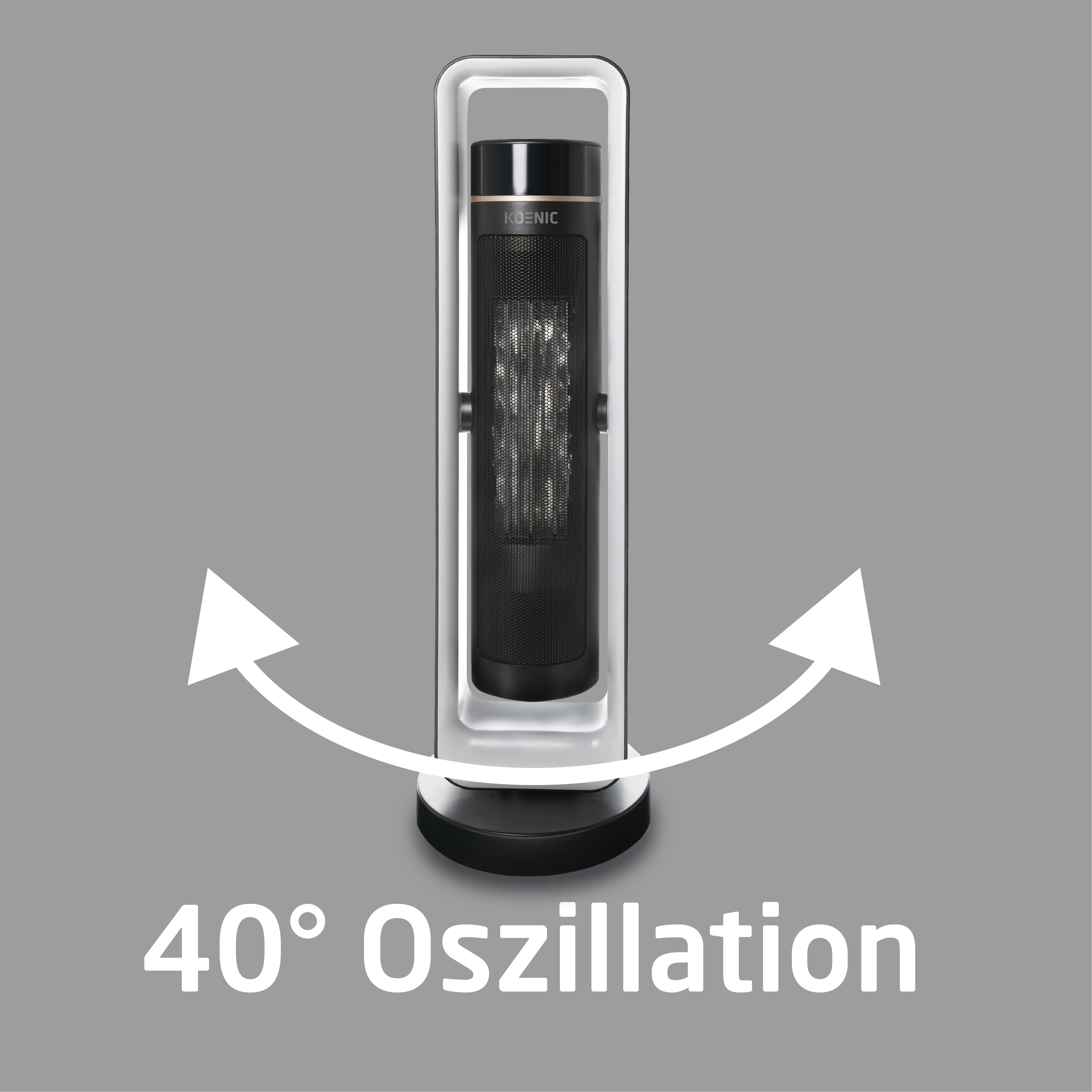 Ein schwarz-weißer Heizlüfter mit Pfeilen, die 40° Oszillation auf grauem Hintergrund anzeigen.