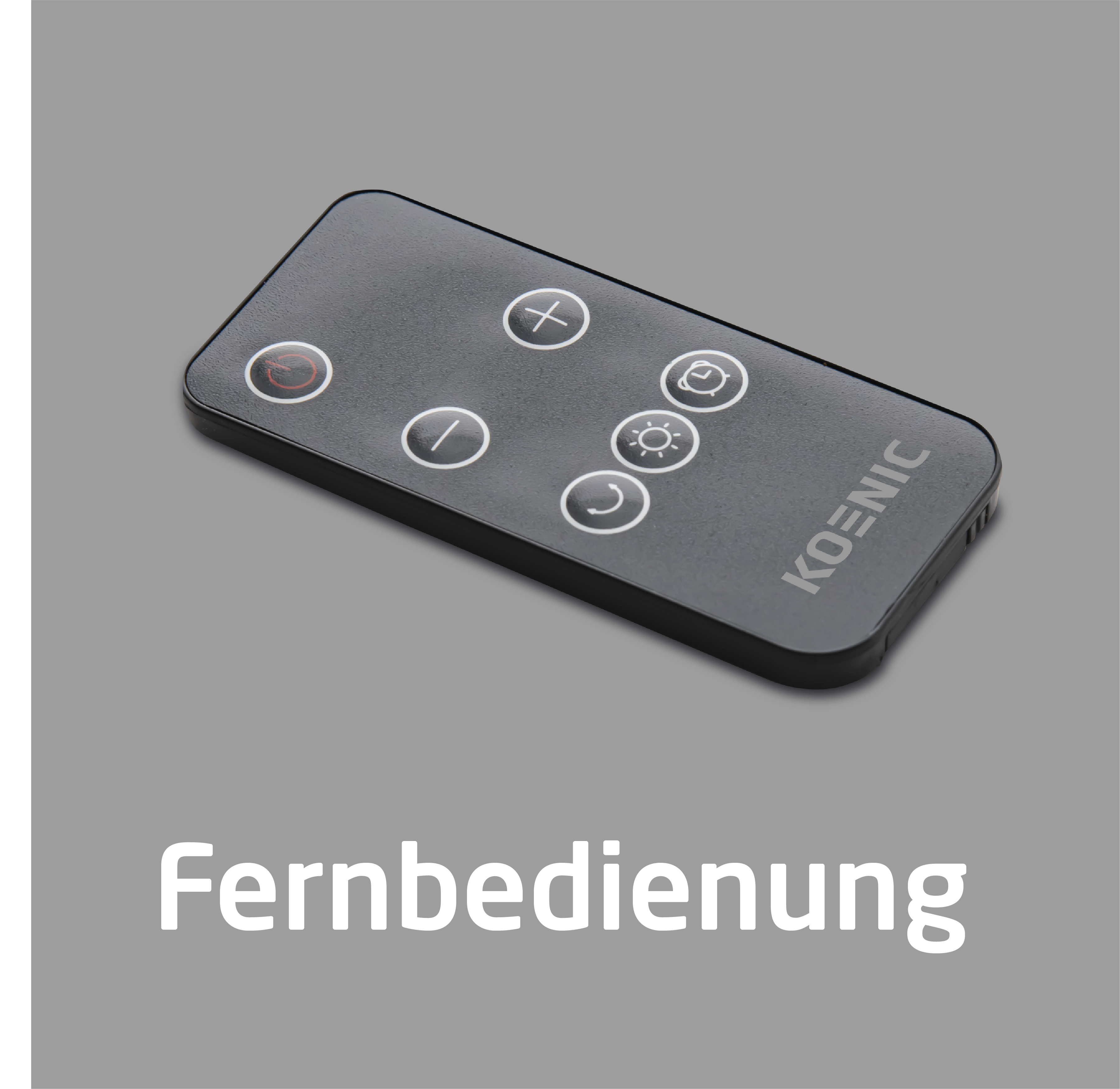 Schwarze Fernbedienung mit Knöpfen auf grauem Hintergrund. Text darunter.
