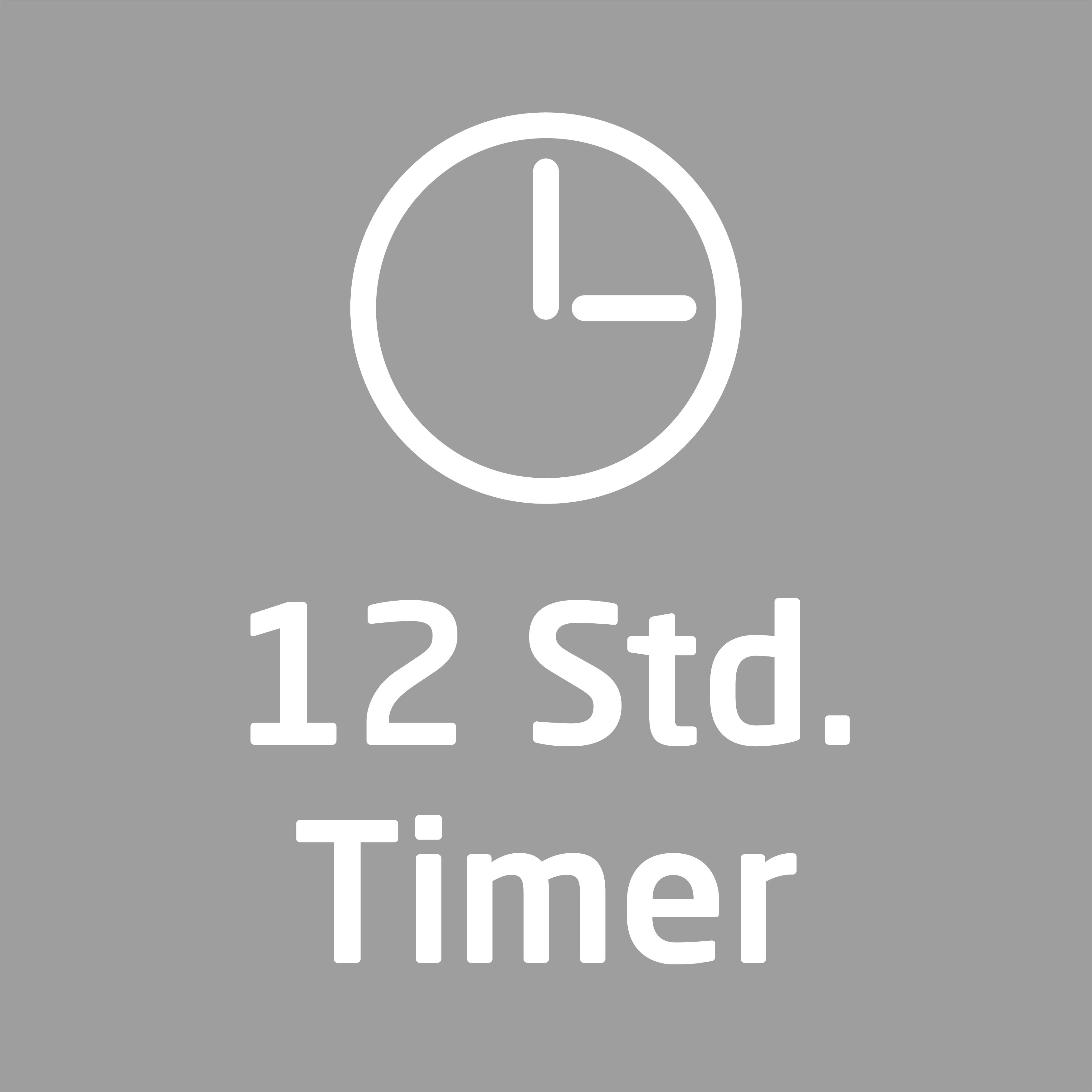 Ein grauer Hintergrund mit einem Uhrensymbol und Text: 12 Std. Timer.