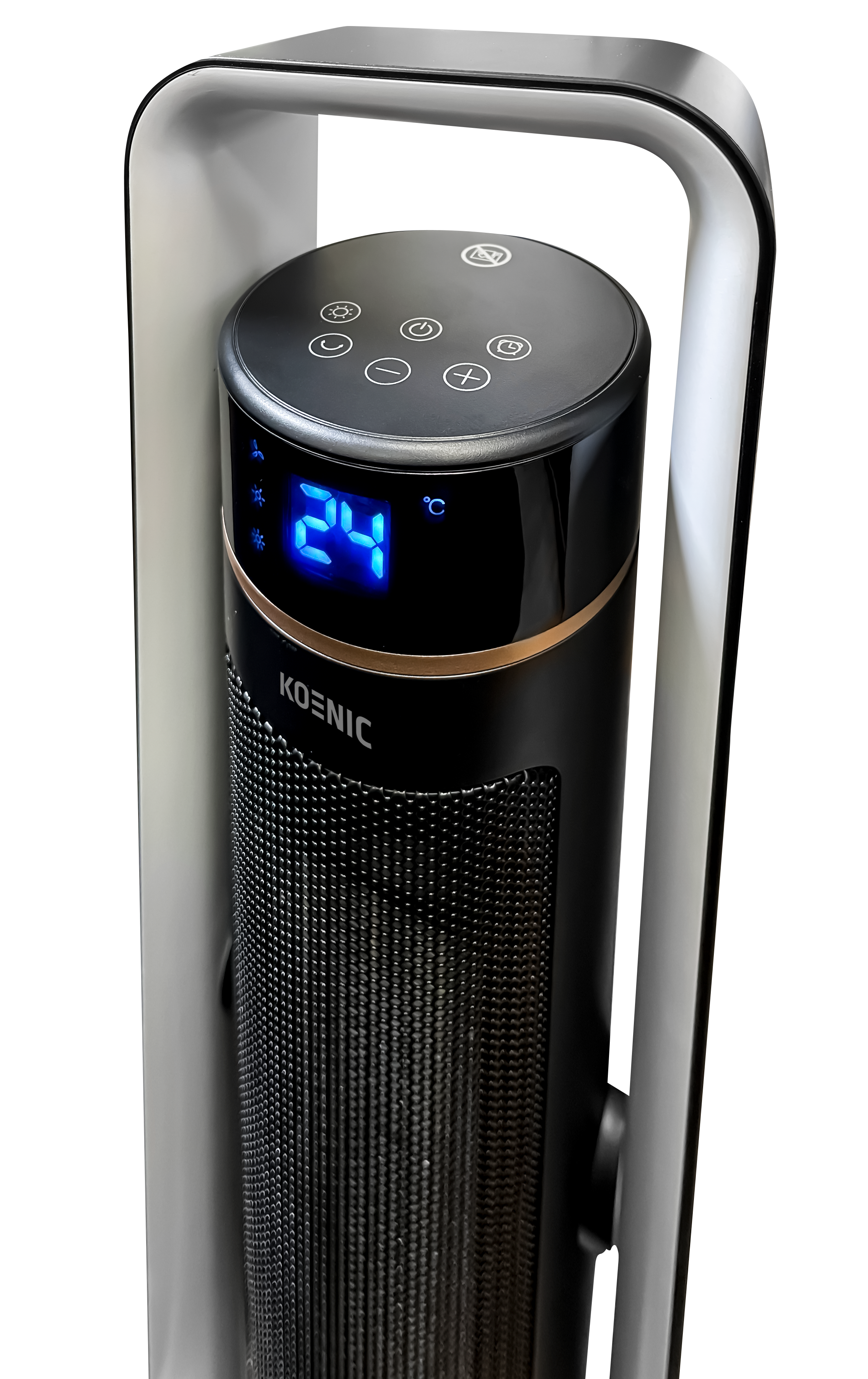 Schwarzer Koenic Turmventilator mit Digitalanzeige, die 24 anzeigt. Weißer Hintergrund.