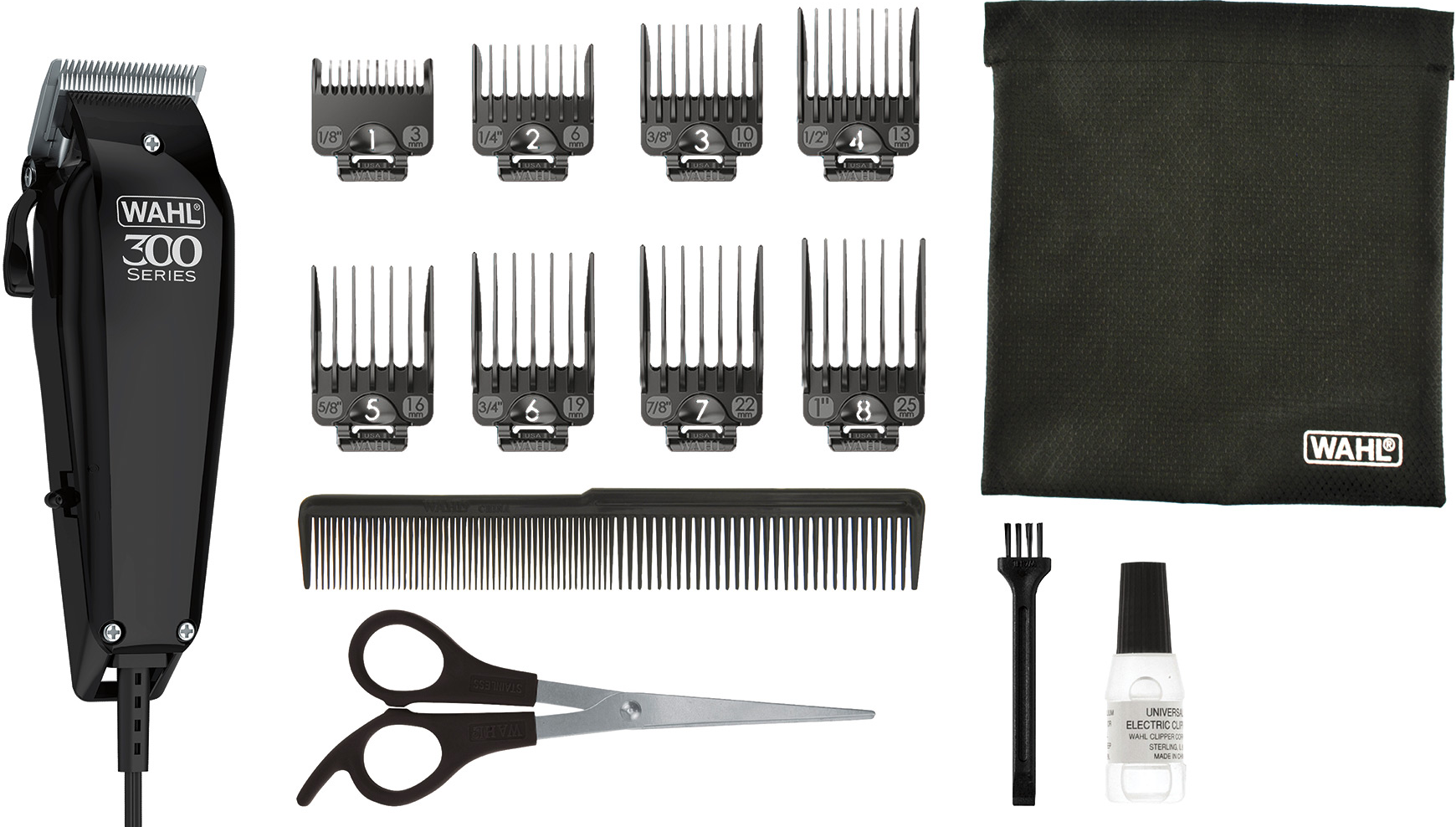 Tondeuse Wahl noire, guides, peigne, ciseaux, brosse et huile. Fond blanc.