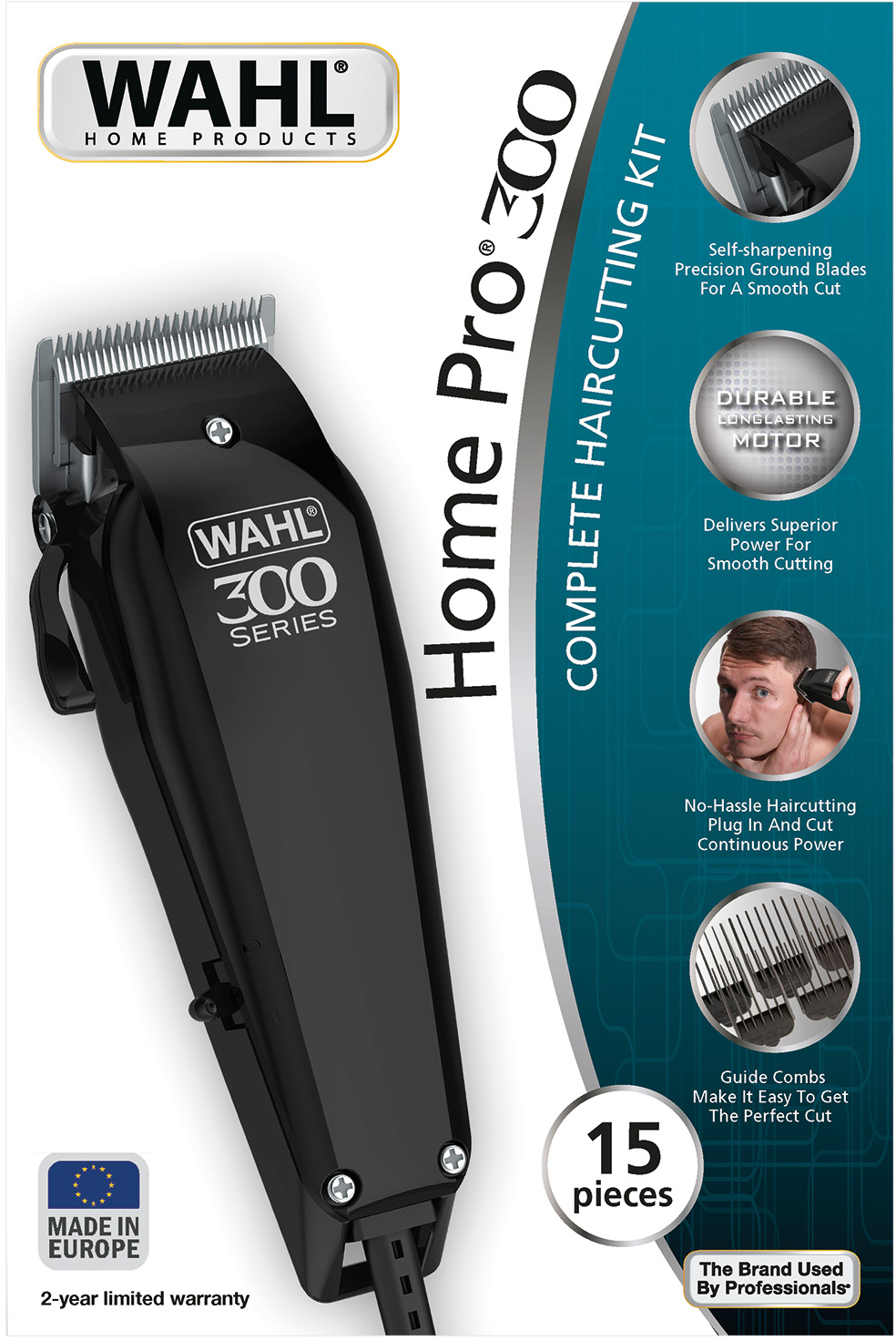 Boîte de tondeuses Wahl Home Pro 300 avec une tondeuse noire et accessoires. Fond blanc.