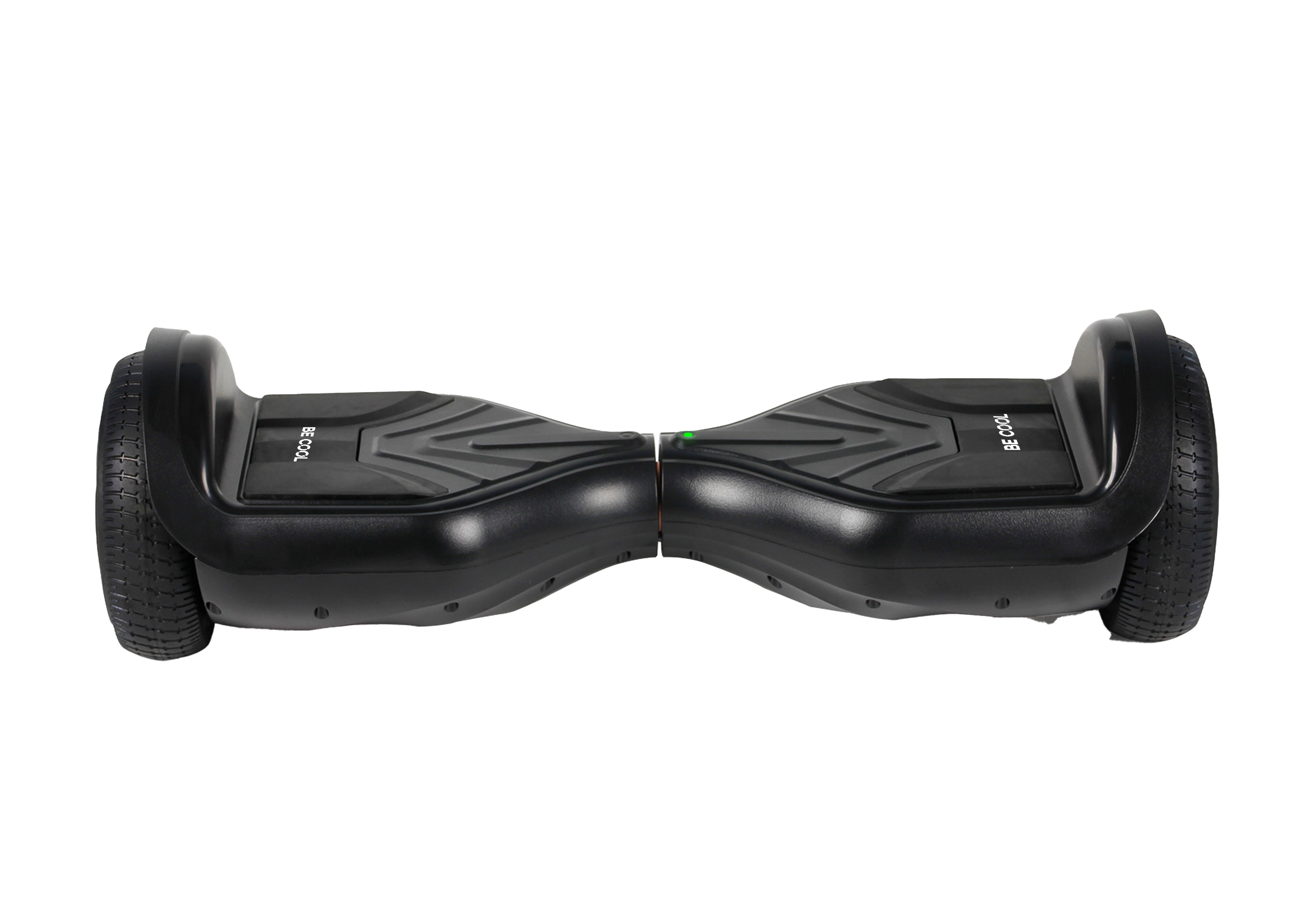 Schwarzes Hoverboard auf schwarzem Hintergrund. Marke "BE COOL" sichtbar.
