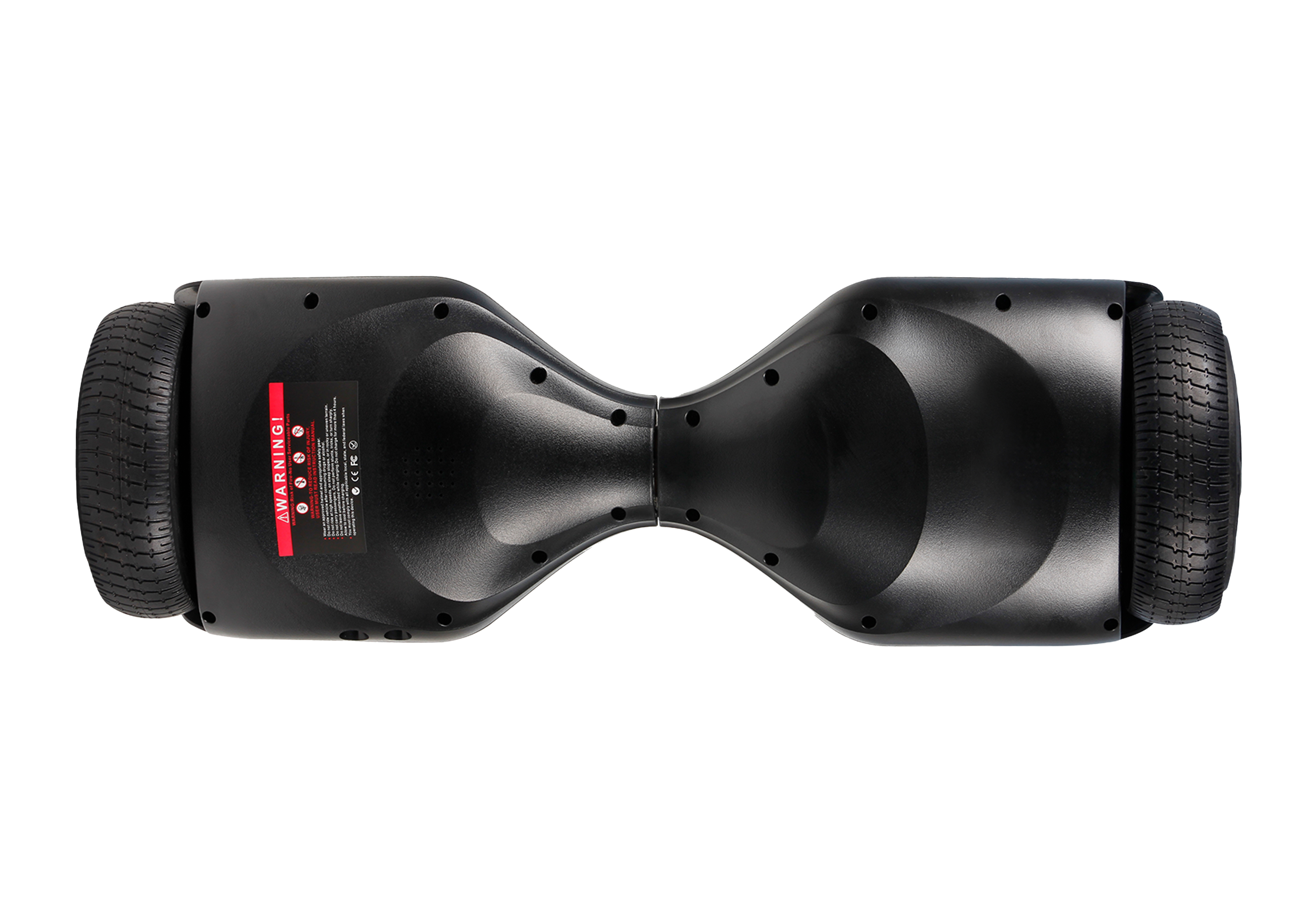 Schwarzes Hoverboard auf schwarzem Hintergrund. Roter Warnaufkleber sichtbar. Draufsicht.