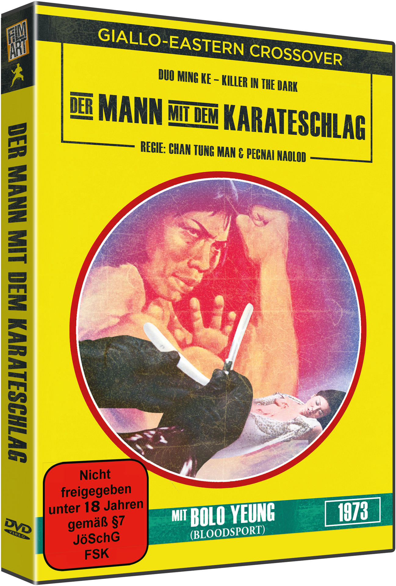 DVD-Hülle mit Mann mit Messer über Frau. Gelber Hintergrund.